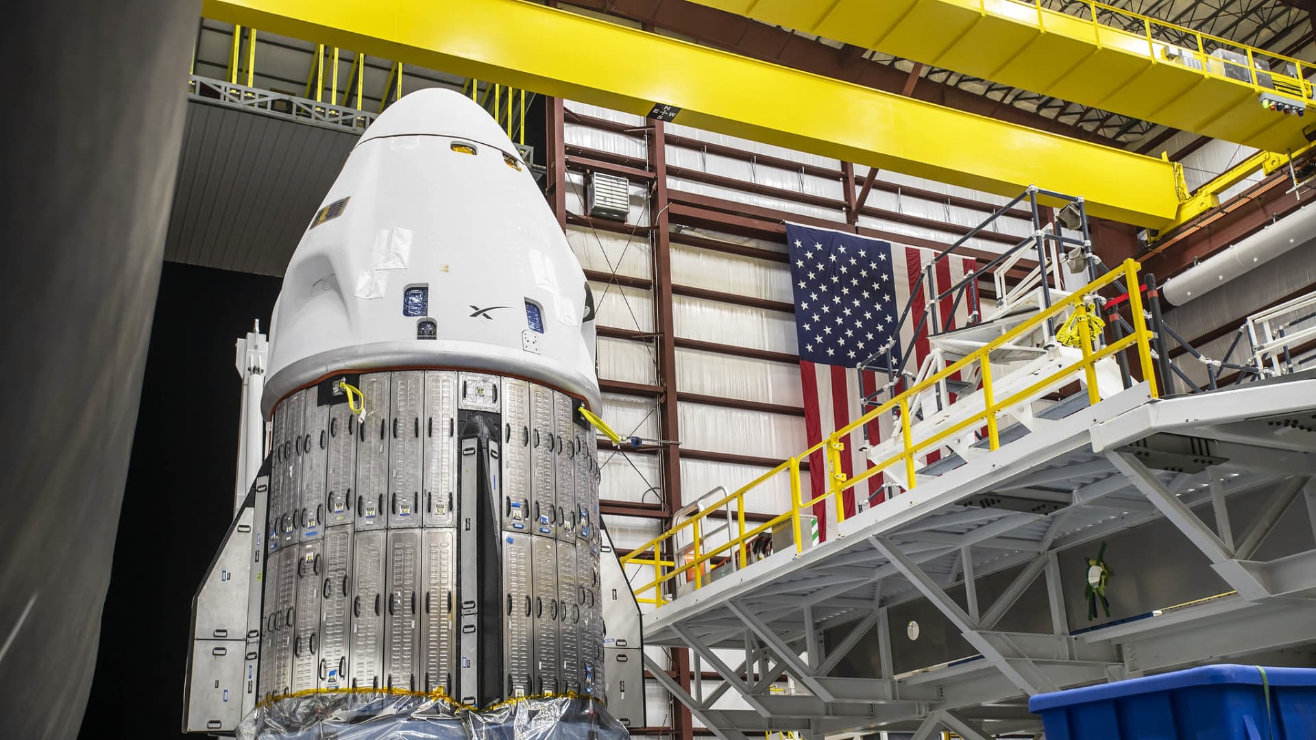 The Crew Dragon spacecraft for NASA's SpaceX Crew-3 mission arrives at the hangar at Kennedy Space Center's Launch Complex 39A in Florida on Oct. 24, 2021.