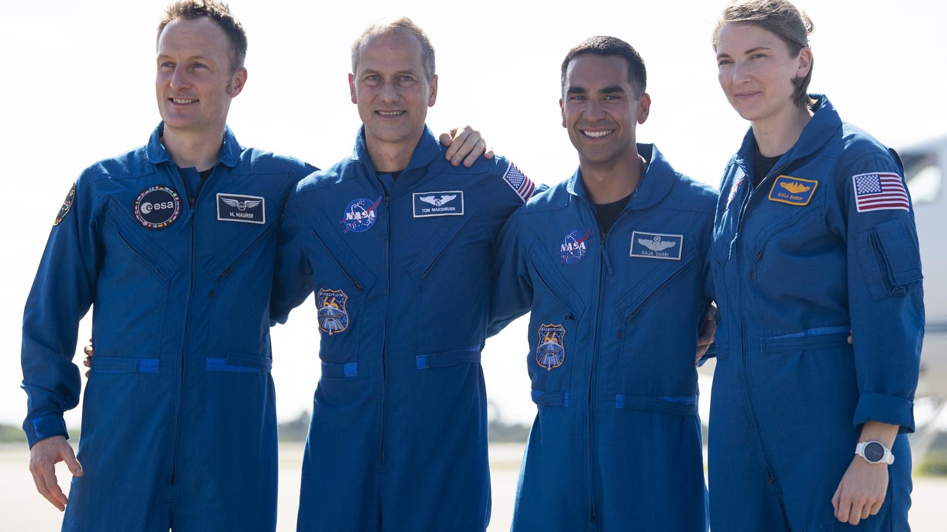 From left: European Space Agency astronaut Matthias Maurer and NASA astronauts Tom Marshburn, Raja Chari and Kayla Barron.