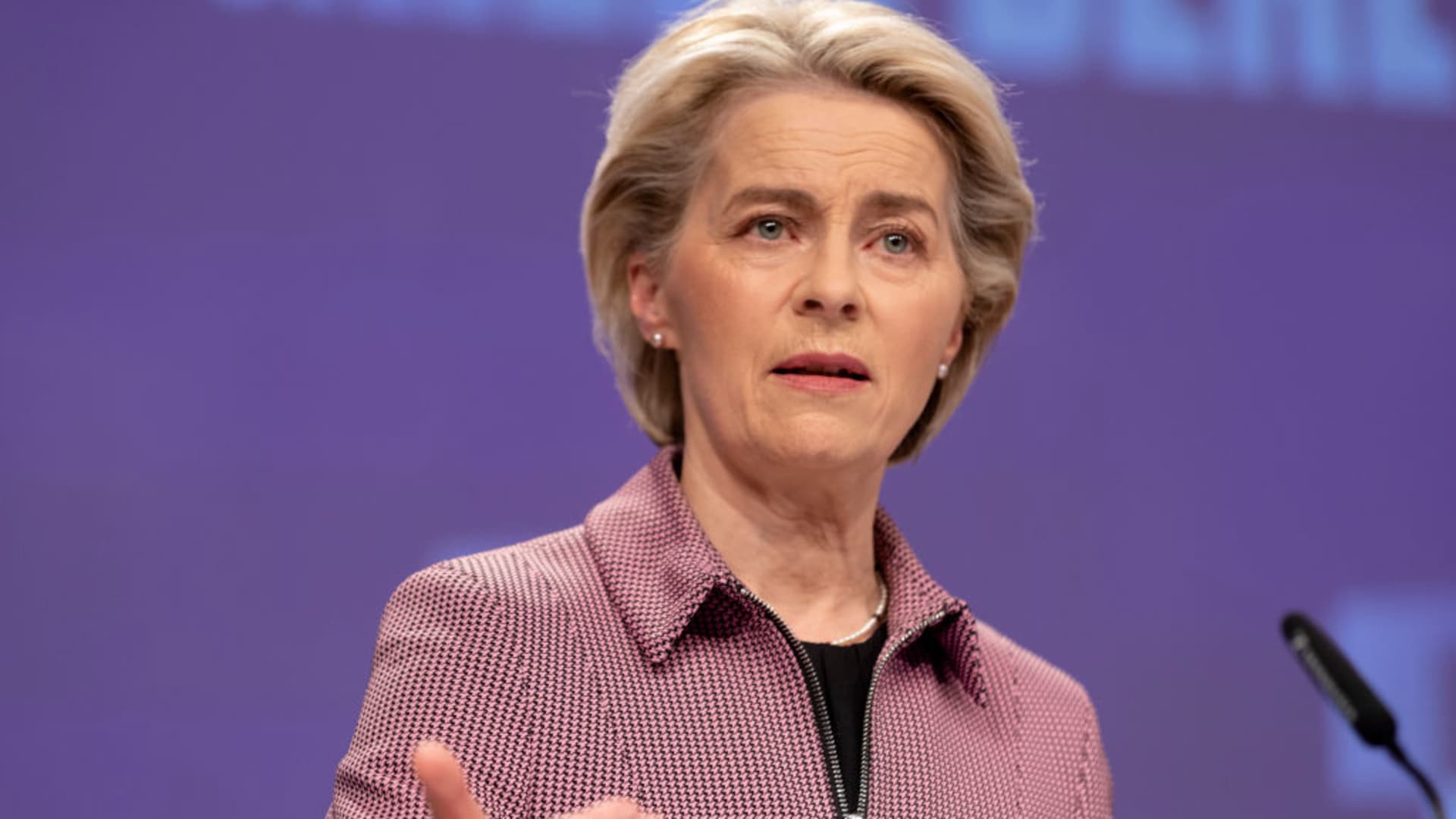 EU Commission's President Ursula von der Leyen holds a press conference ahead the G20 and the COP26 (Glasgow Conference) in the Berlaymont, the EU Commission headquarter on October 28, 2021 in Brussels, Belgium.