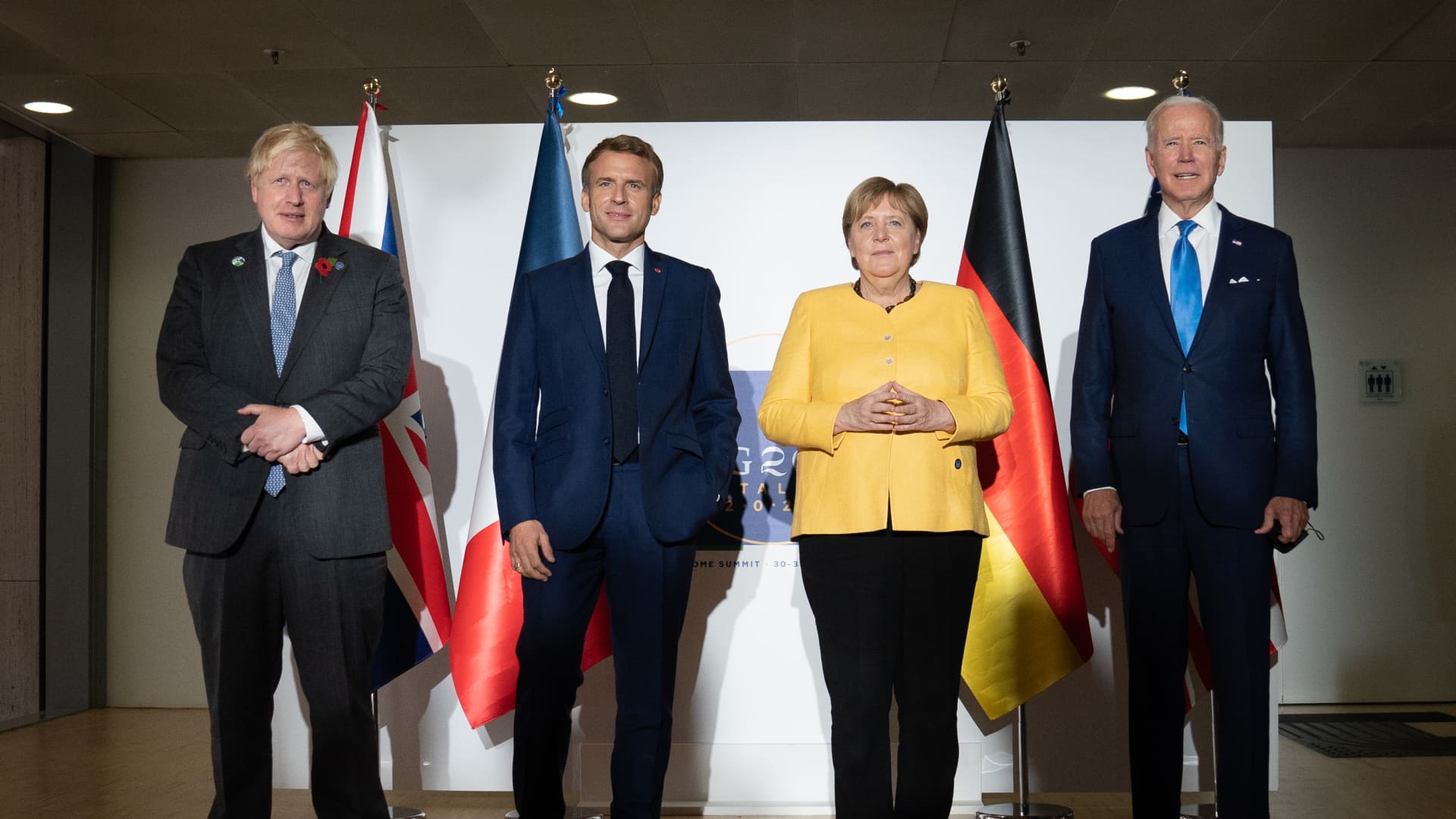 British Prime Minister Boris Johnson, French President Emmanuel Macron, German Chancellor Angela Merkel, and U.S. President Joe Biden, at the G-20 summit on October 30th, 2021 in Rome, Italy.
