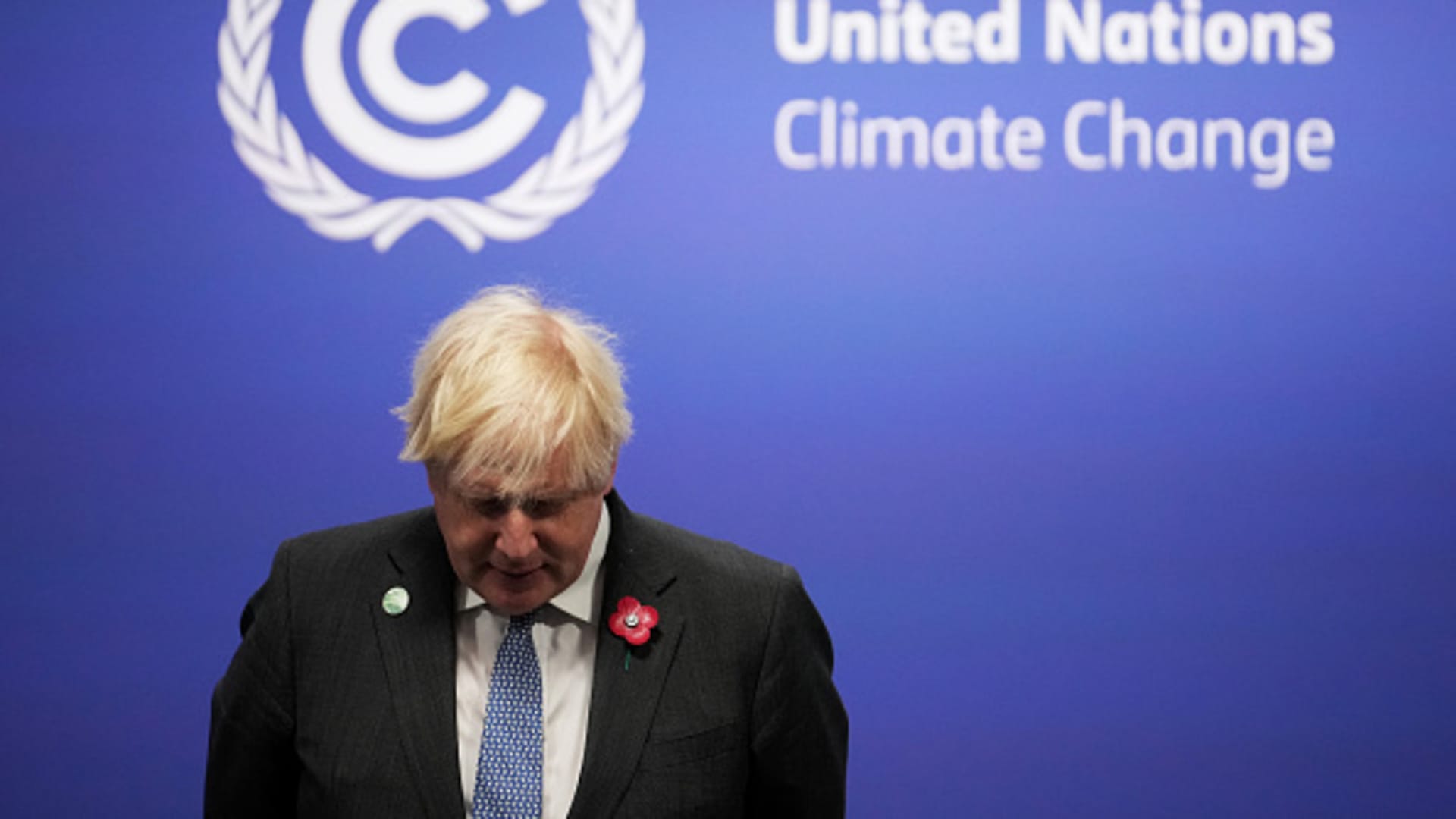 British Prime Minister Boris Johnson waits to receive attendees during day two of COP26 at SECC on November 1, 2021 in Glasgow, Scotland. 2021 sees the 26th United Nations Climate Change Conference.