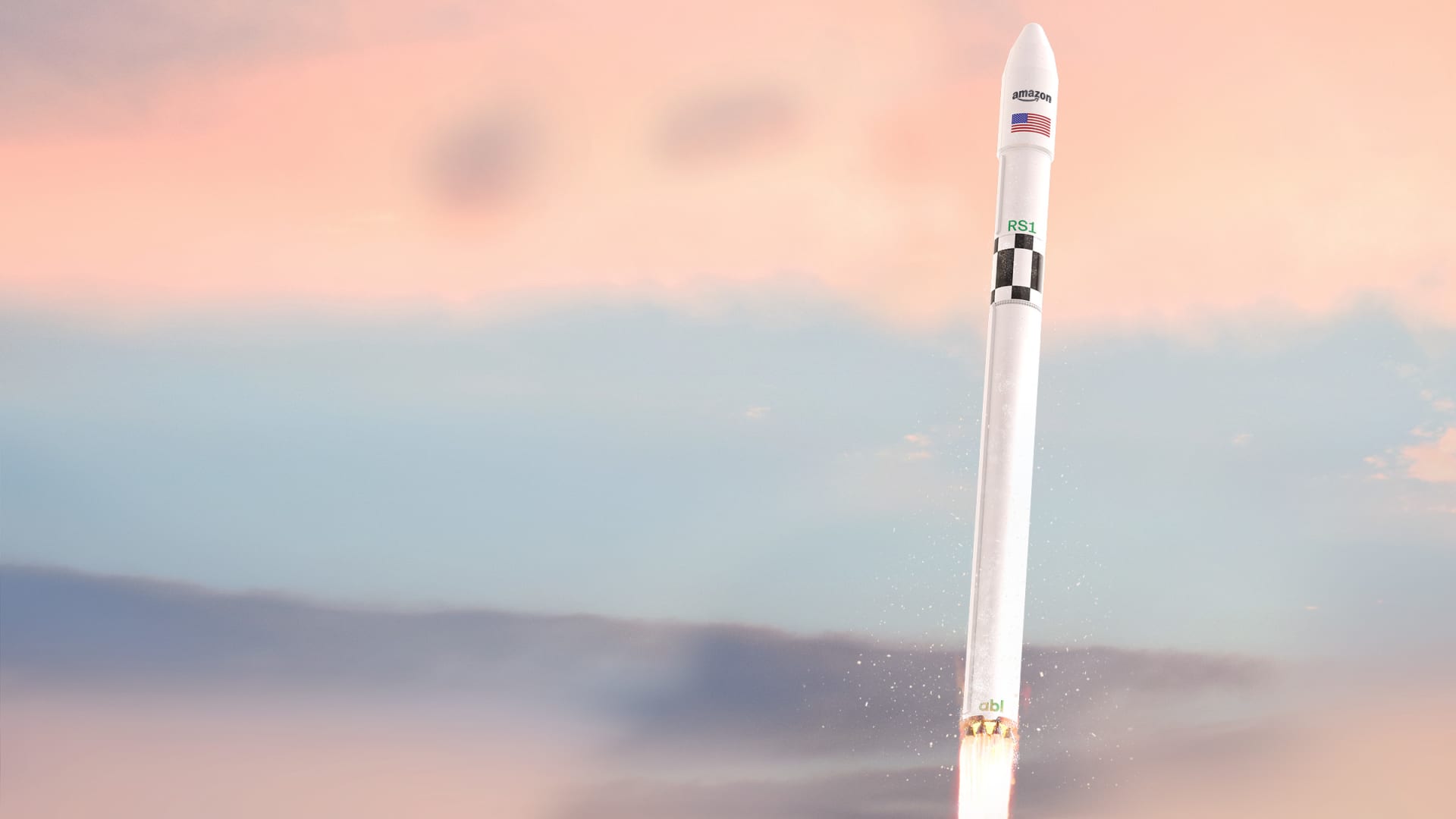 A rendering of ABL Space's RS1 rocket launching Project Kuiper satellites for Amazon.