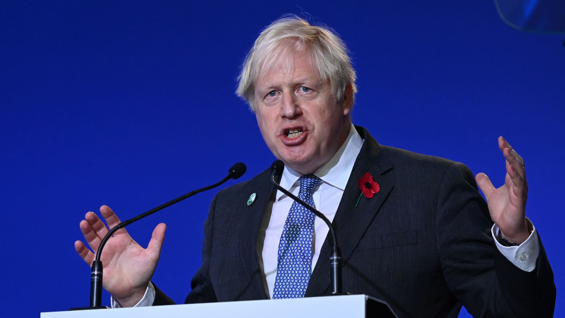 British Prime Minister Boris Johnson speaks during the opening ceremony of the UN Climate Change Conference COP26 at SECC on November 1, 2021 in Glasgow, United Kingdom. World Leaders attending COP26 are under pressure to agree measures to deliver on emission reduction targets that will lead the world to net-zero by 2050.