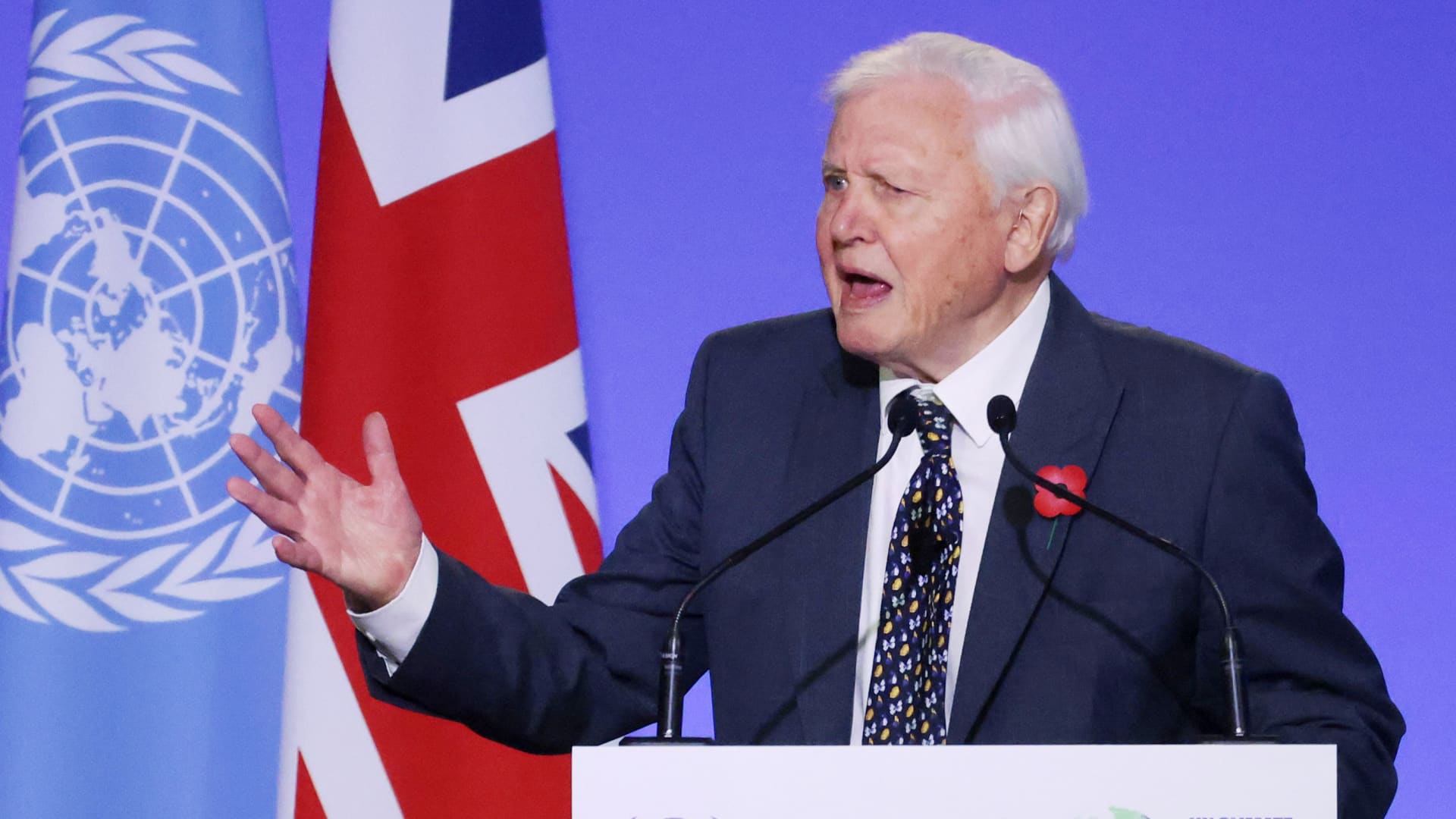 Sir David Attenborough delivers a speech during the opening ceremony of the UN Climate Change Conference (COP26) in Glasgow, Scotland, Britain, November 1, 2021.
