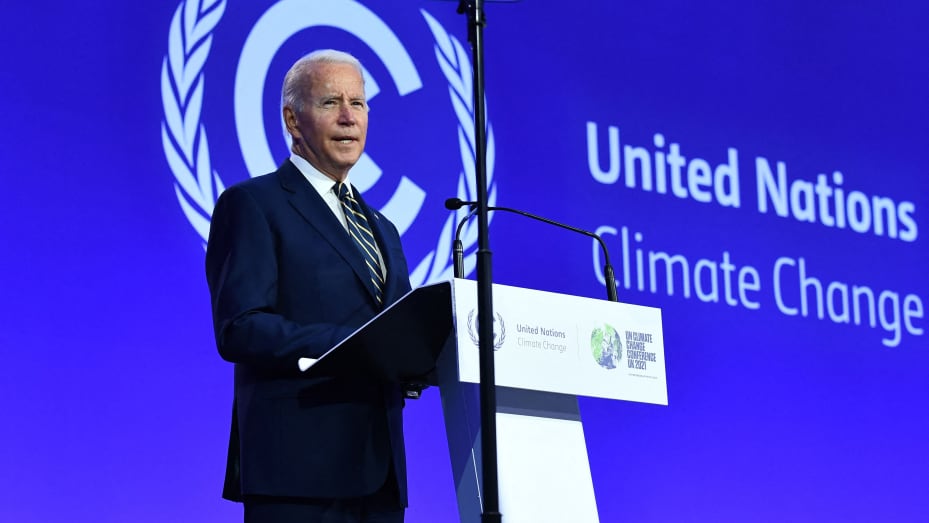 US President Joe Biden delivers a speech on stage during a meeting at the COP26 UN Climate Change Conference in Glasgow, Scotland, on November 1, 2021.