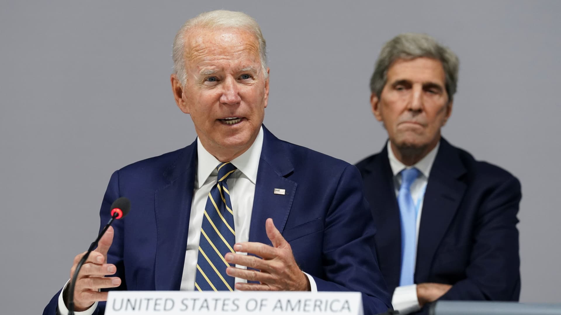 U.S. President Joe Biden and U.S. Climate Adviser John Kerry attend an event on action and solidarity at the UN Climate Change Conference (COP26) in Glasgow, Scotland, Britain, November 1, 2021.