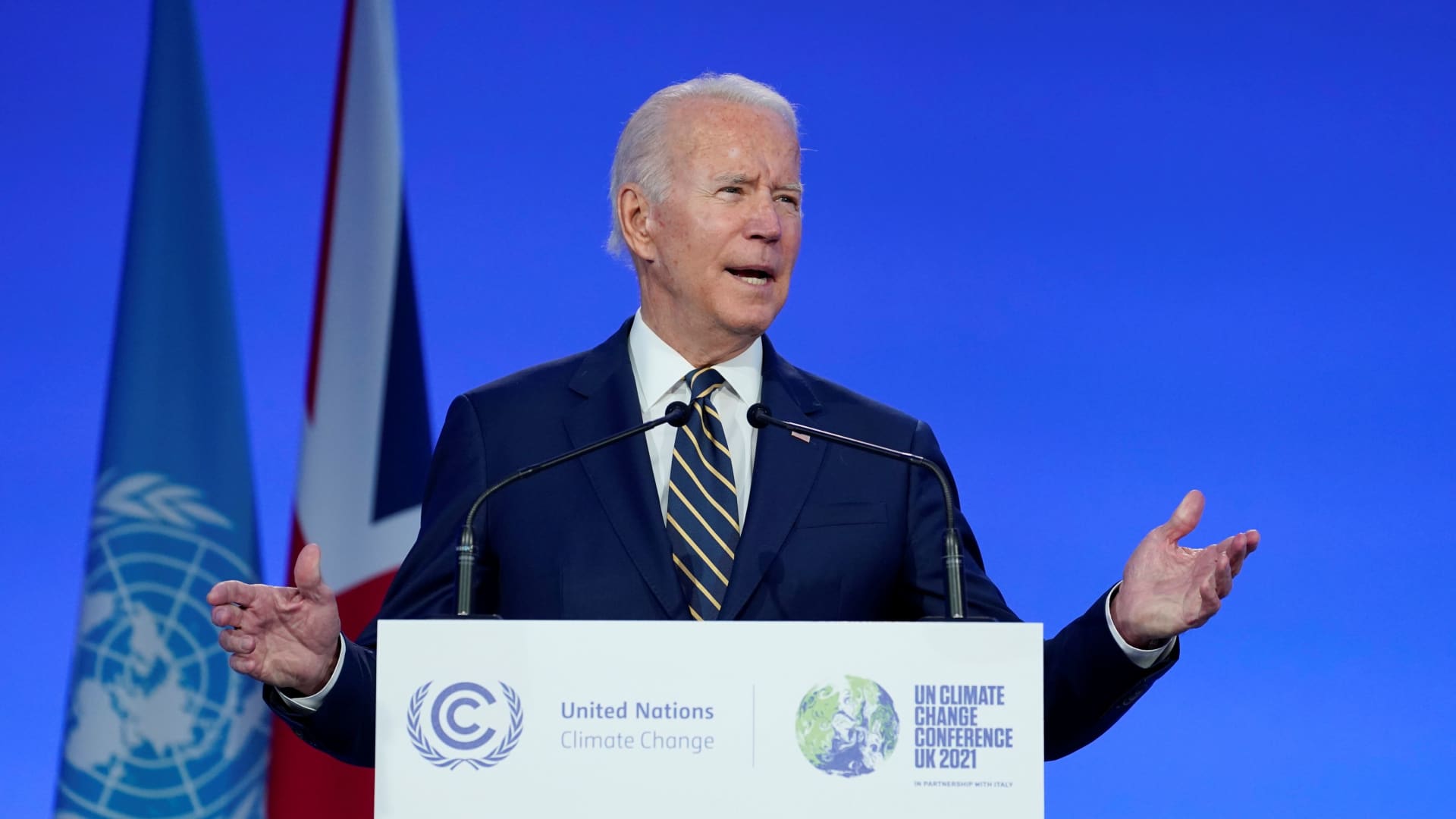 U.S. President Joe Biden speaks during the UN Climate Change Conference (COP26) in Glasgow, Scotland, Britain November 1, 2021.