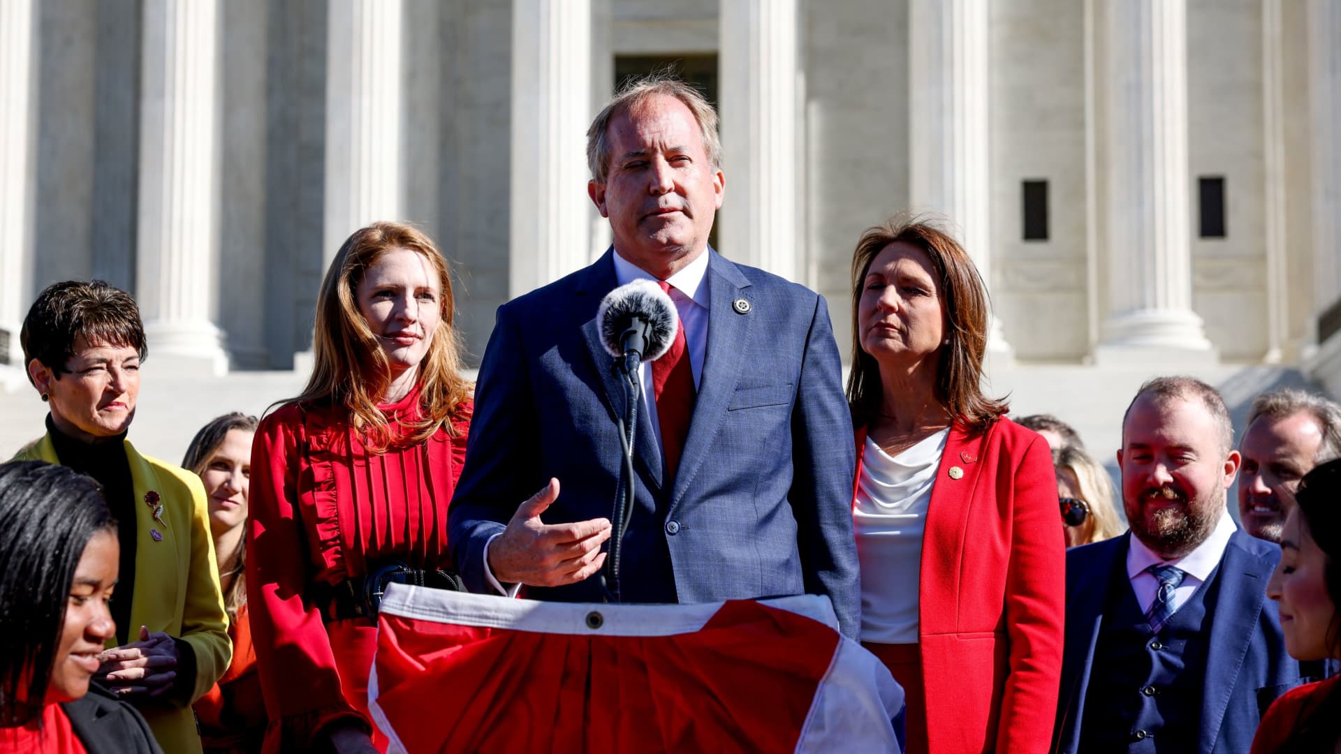 Texas Attorney General Ken Paxton speaks to a crowd of anti-abortion supporters outside the U.S. Supreme Court following arguments over a challenge to a Texas law that bans abortion after six weeks in Washington, U.S., November 1, 2021.
