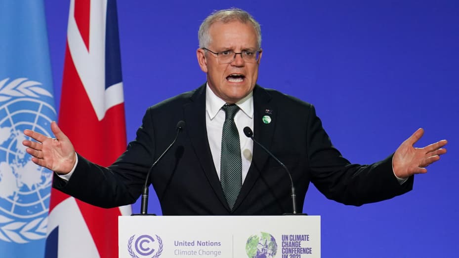 Australia's Prime Minister Scott Morrison presents his national statement as part of the World Leaders' Summit of the COP26 UN Climate Change Conference in Glasgow, Scotland on November 1, 2021.