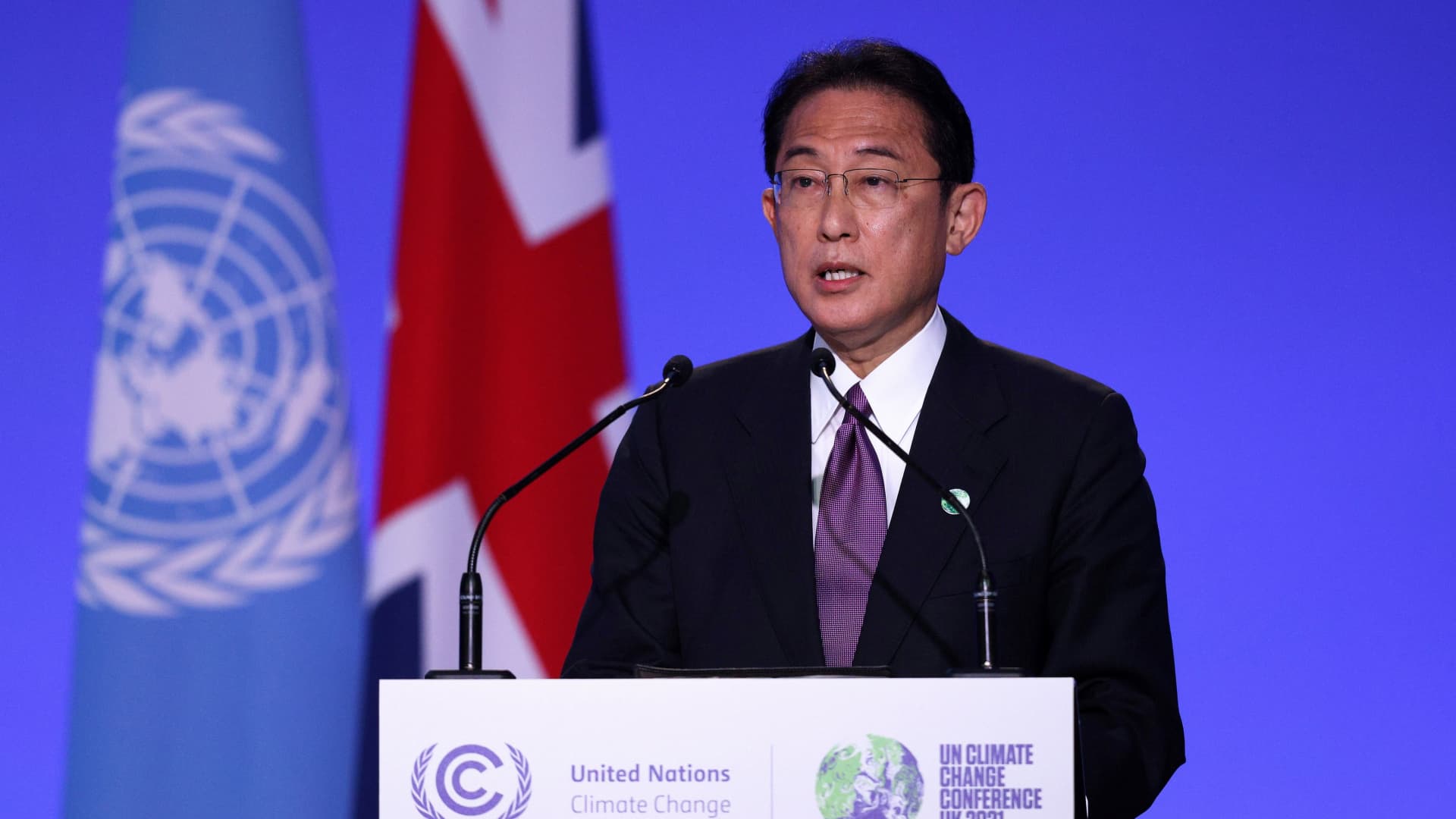 Japan's Prime Minister Fumio Kishida speaks during the UN Climate Change Conference (COP26) in Glasgow, Scotland, Britain, November 2, 2021.