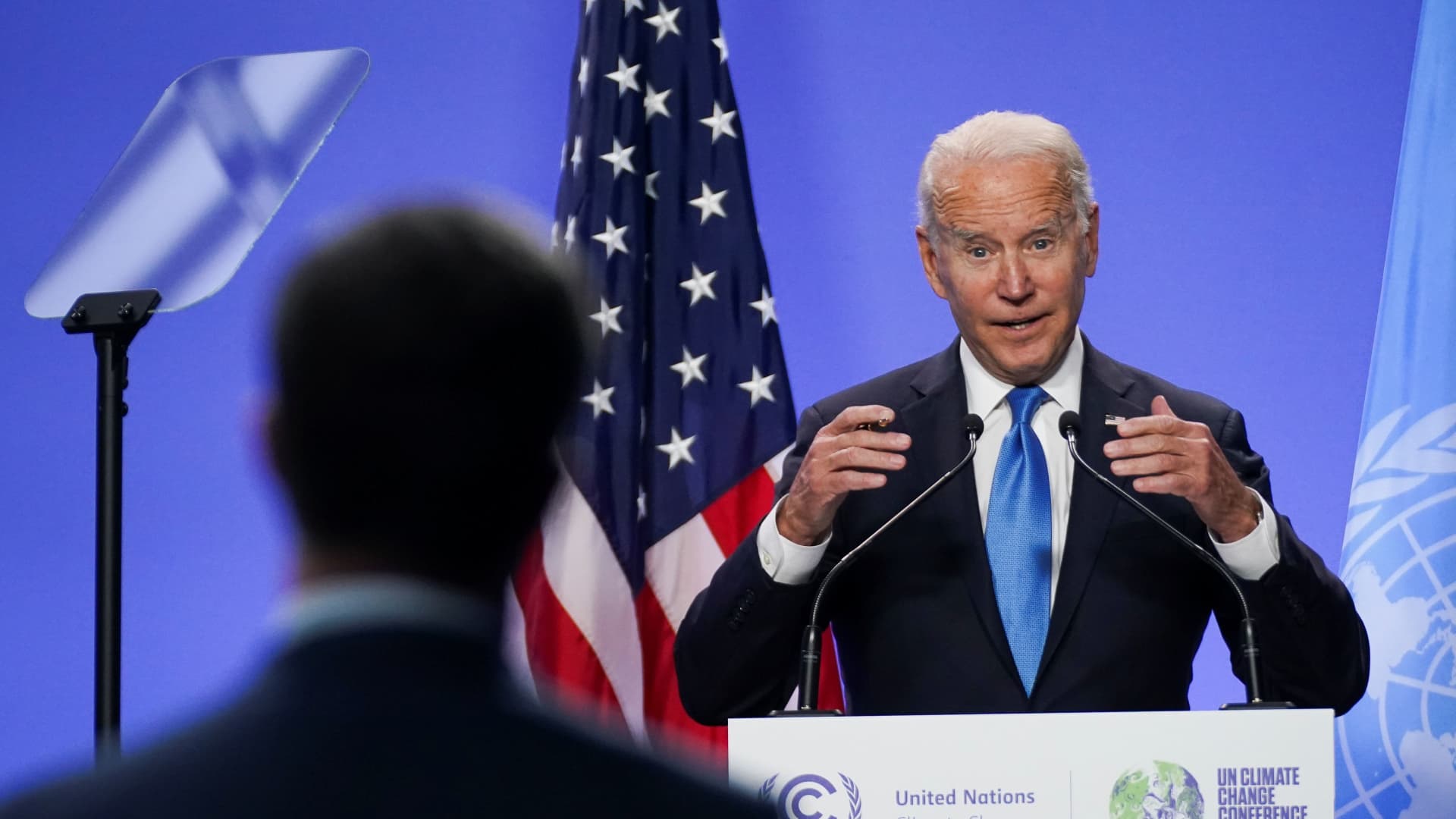U.S. President Joe Biden speaks during a press conference at the UN Climate Change Conference (COP26) in Glasgow, Scotland, Britain, November 2, 2021.