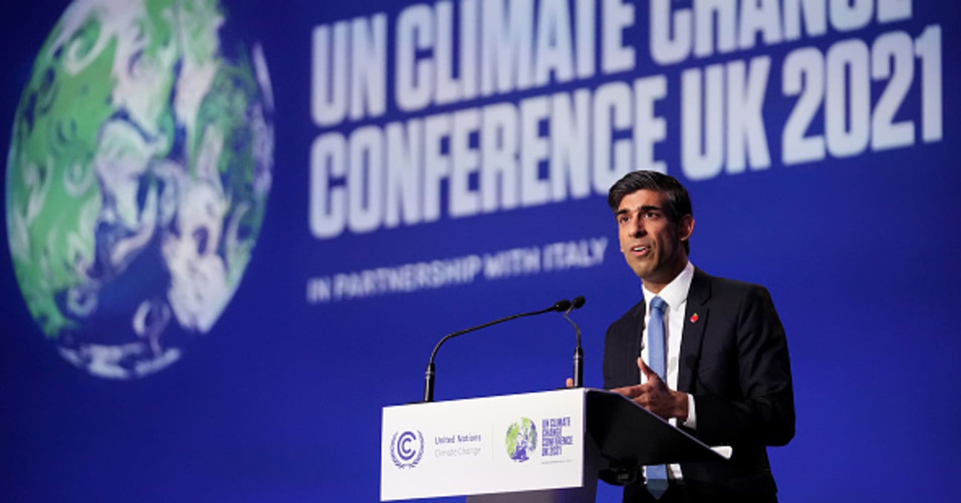 U.K. Chancellor of the Exchequer, Rishi Sunak, delivers a keynote speech to COP26 delegates at SECC on November 03, 2021 in Glasgow, Scotland.