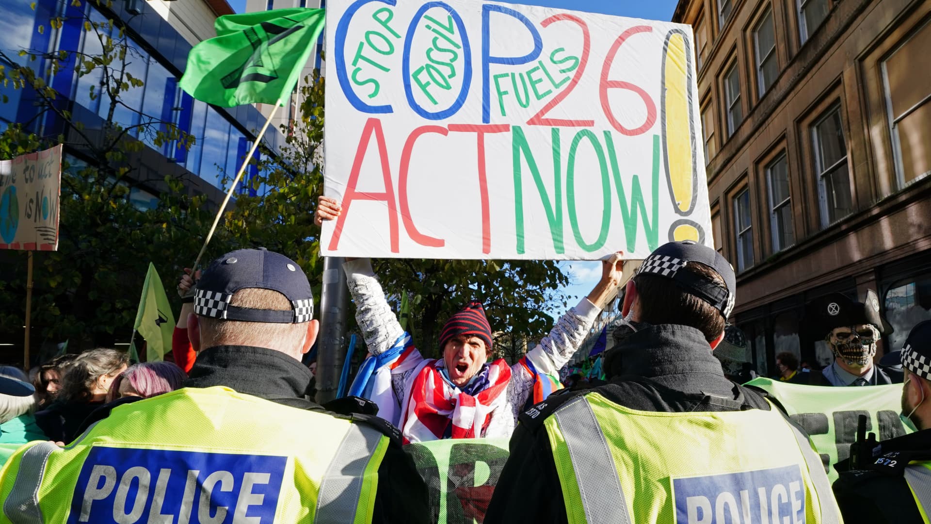Police and demonstrators at a Extinction Rebellion protest, during the Cop26 summit in Glasgow. Picture date: Wednesday November 3, 2021.