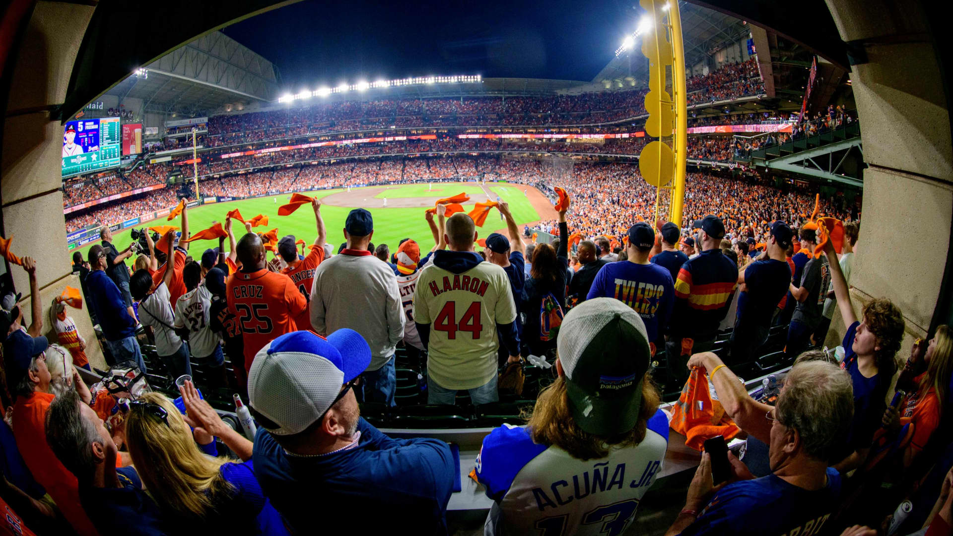 A view of the fans watching from the outfield during the game between the Houston Astros and the Atlanta Braves during the first inning of game six of the 2021 World Series at Minute Maid Park.