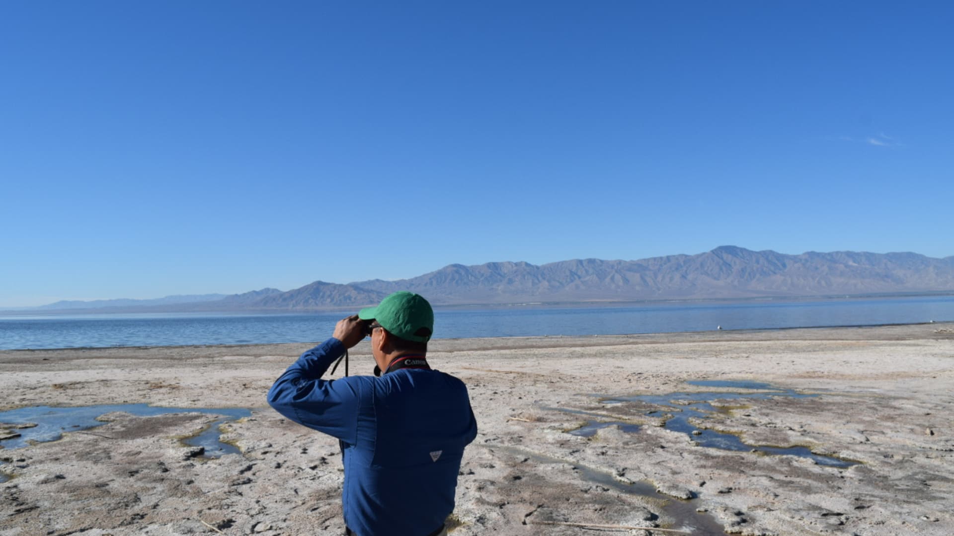 Frank Ruiz, Audubon's Salton Sea Program Director, searches for signs of bird activity on the northeastern shore of the Salton Sea. The lake's once thriving ecosystem is deteriorating as the shoreline recedes and salinity increases.