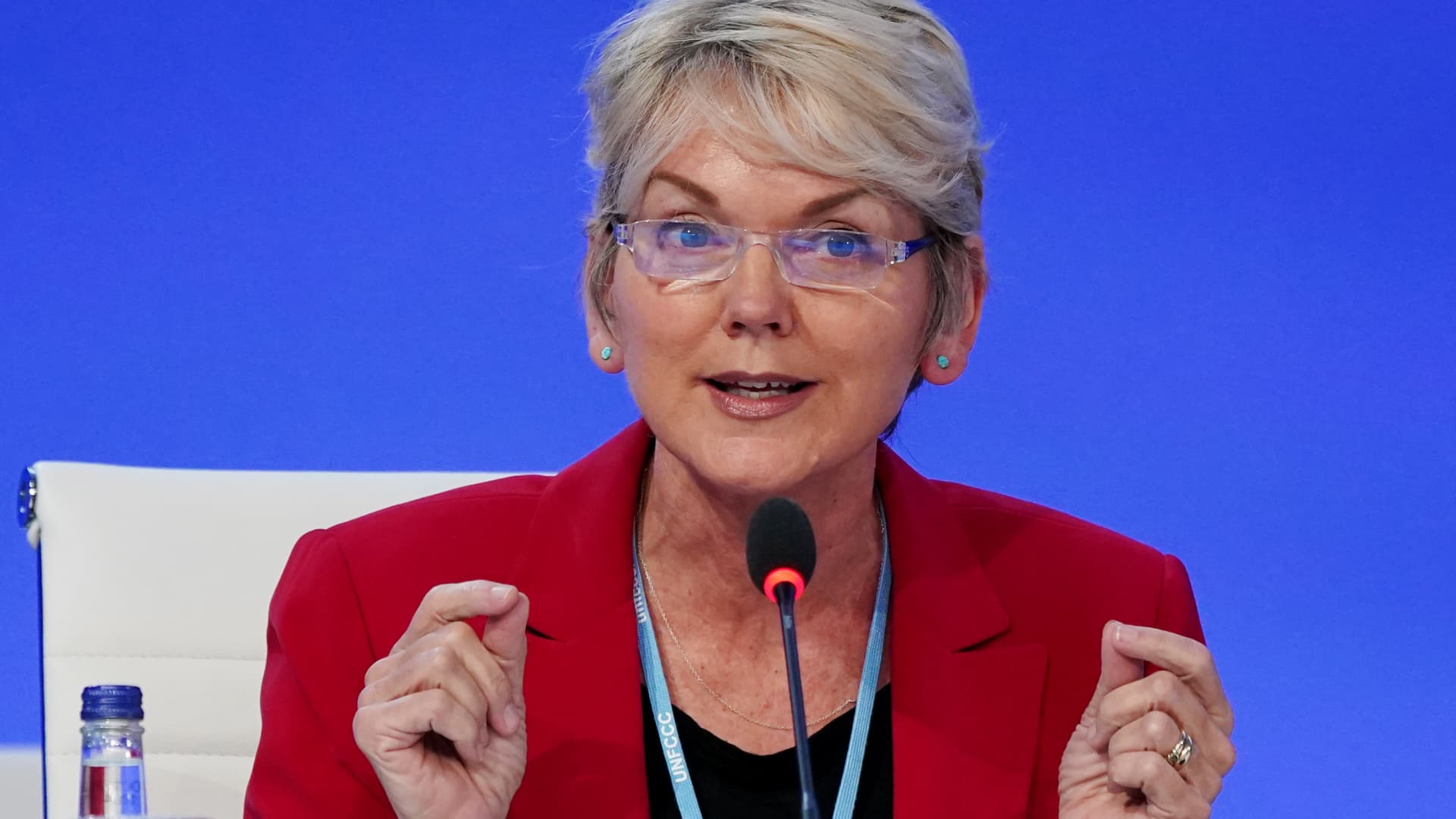 U.S. Secretary of Energy Jennifer Granholm speaks to delegates at COP26 in Glasgow, Scotland.