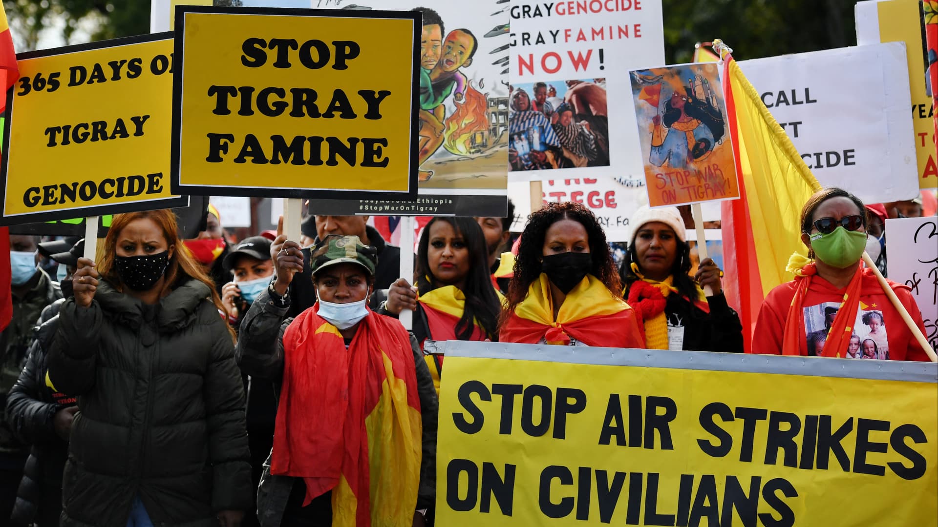 Demonstrators march in Washington, DC on November 4, 2021, marking the one-year anniversary of the Ethiopian government's decision to deploy troops into the country's northernmost Tigray region.