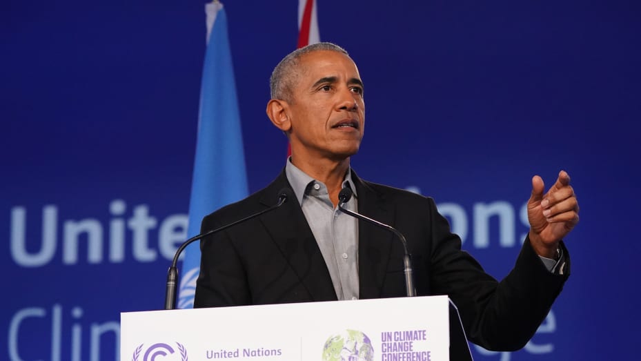 Former U.S. president Barack Obama speaks during day 9 of COP26 on November 7, 2021 in Glasgow, Scotland.