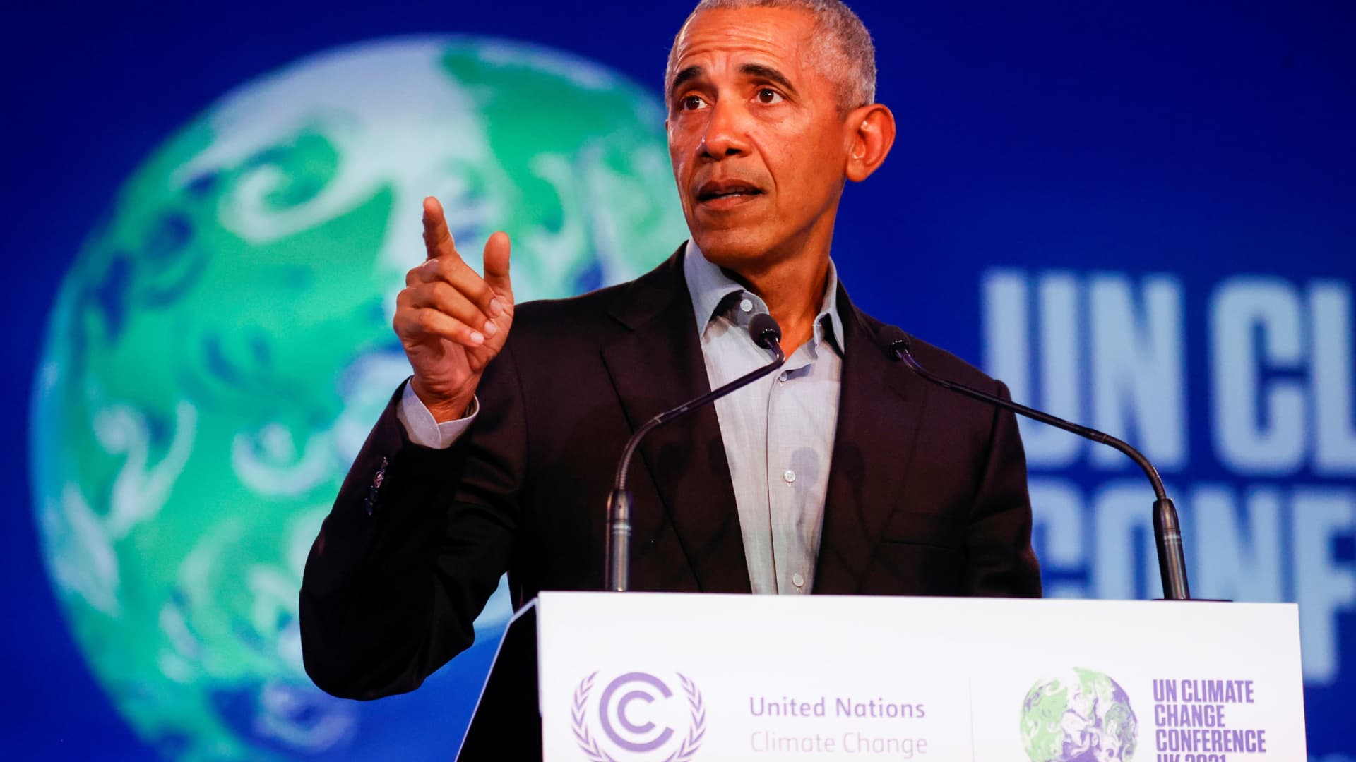 U.S. former President Barack Obama delivers a speech during the UN Climate Change Conference (COP26), in Glasgow, Scotland, Britain, November 8, 2021.