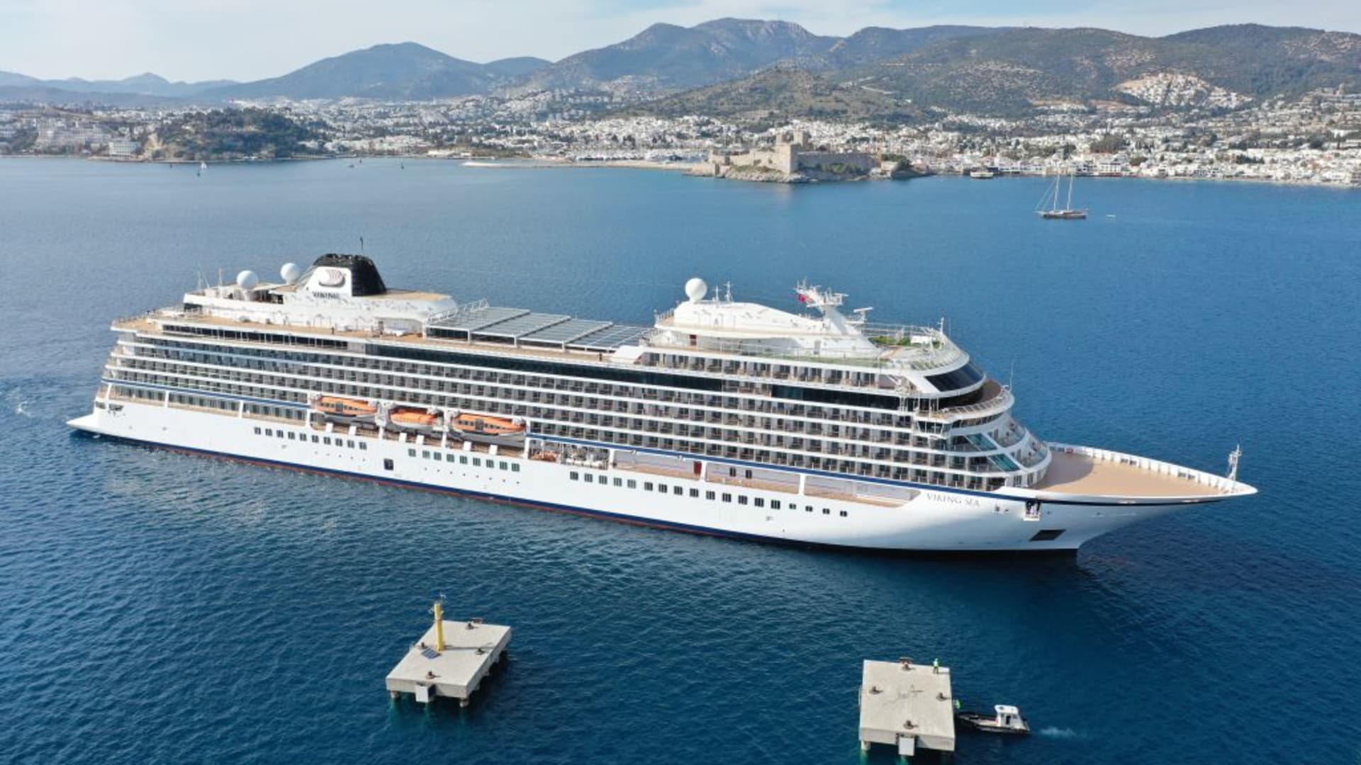 The Viking Sea cruise ship arrives at Bodrum Cruise Port in Mugla, Turkey on March 13, 2021.