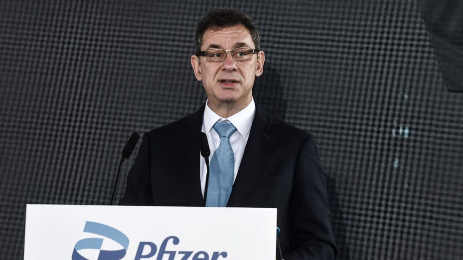 Pfizer CEO Albert Bourla delivers a speech during the inauguration ceremony of the companys new center for Digital Innovation and Business Operations and Services, in Thessaloniki, on October 12, 2021.