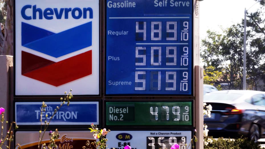 Gas prices grow along with inflation as this sign at a gas station shows in Carlsbad, California, November, 9, 2021.