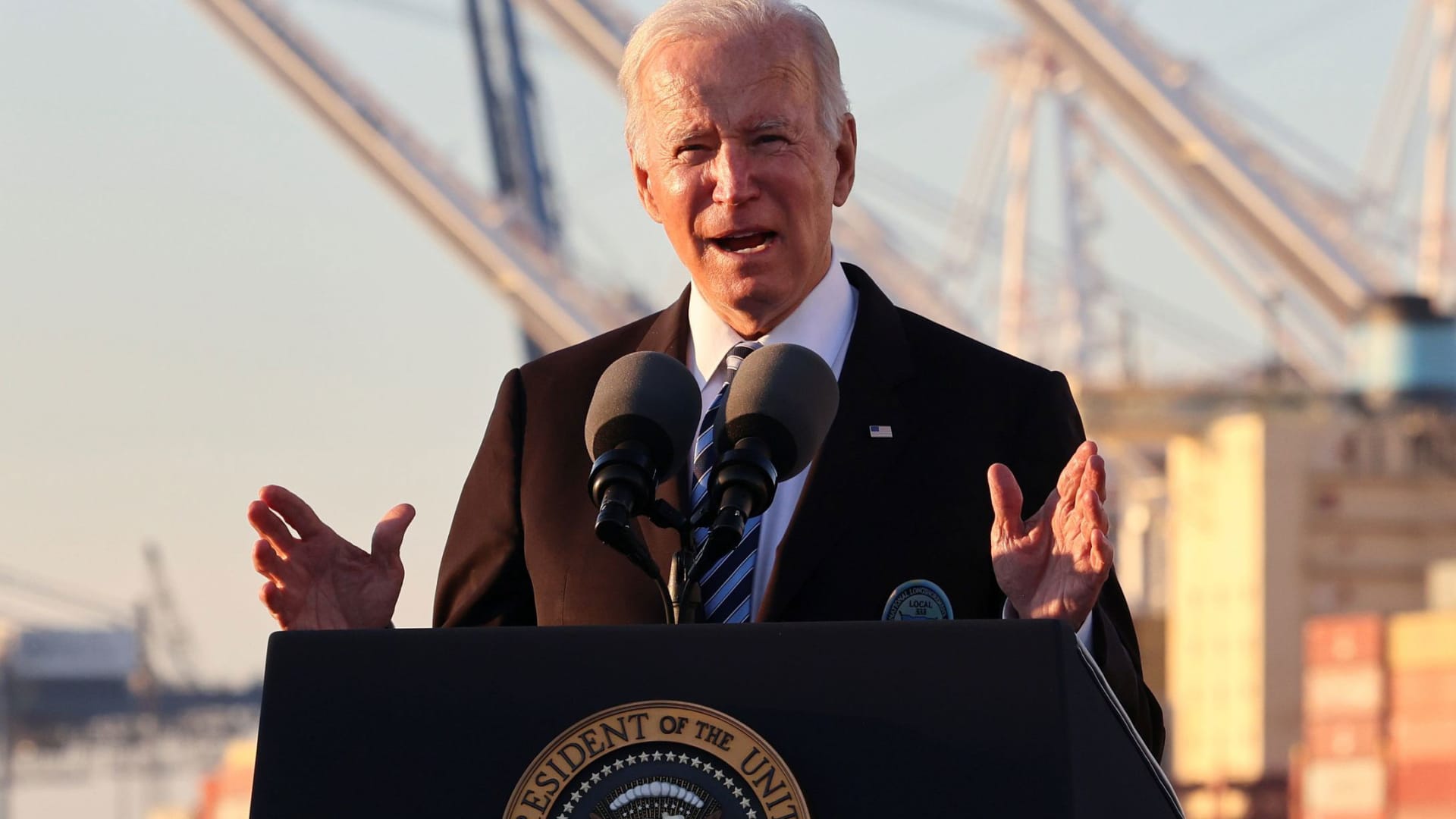 U.S. President Joe Biden delivers a speech during a visit to the Port of Baltimore, Maryland, November 10, 2021.
