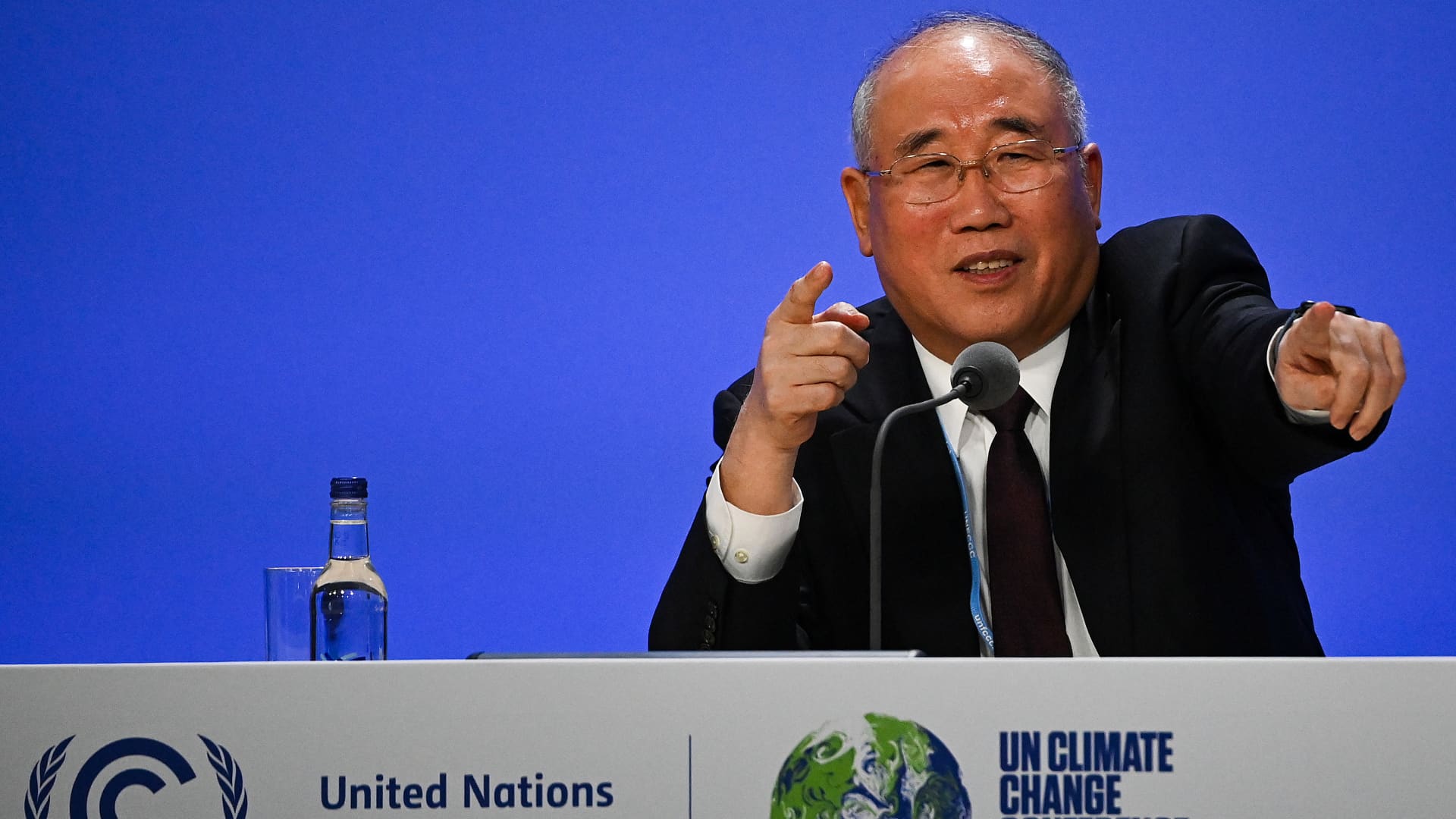 China's special climate envoy, Xie Zhenhua speaks during a joint China and U.S. statement on a declaration enhancing climate action in the 2020's on day eleven of the COP26 climate change conference at the SEC on November 10, 2021 in Glasgow, Scotland.