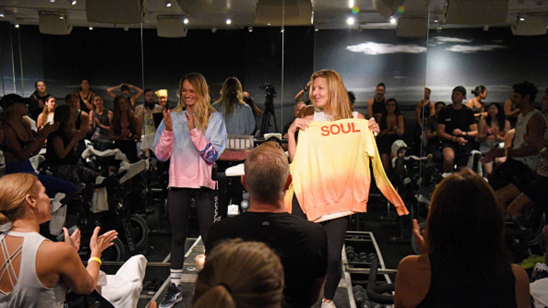 SoulCycle Instructor Lo Falkenberg (L) and SoulCycle CEO Evelyn Webster on September 21, 2021 in New York City.