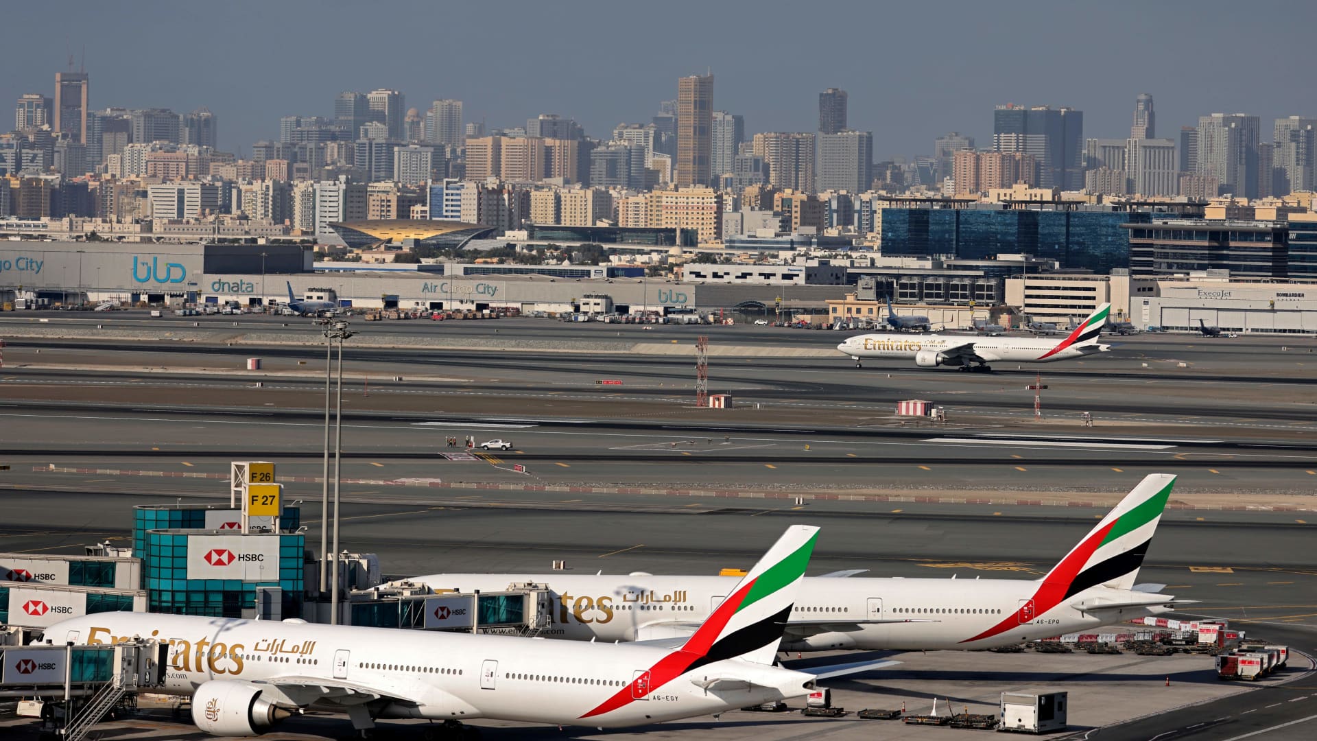Emirates Airlines airplanes at Dubai International Airport on February 1, 2021.