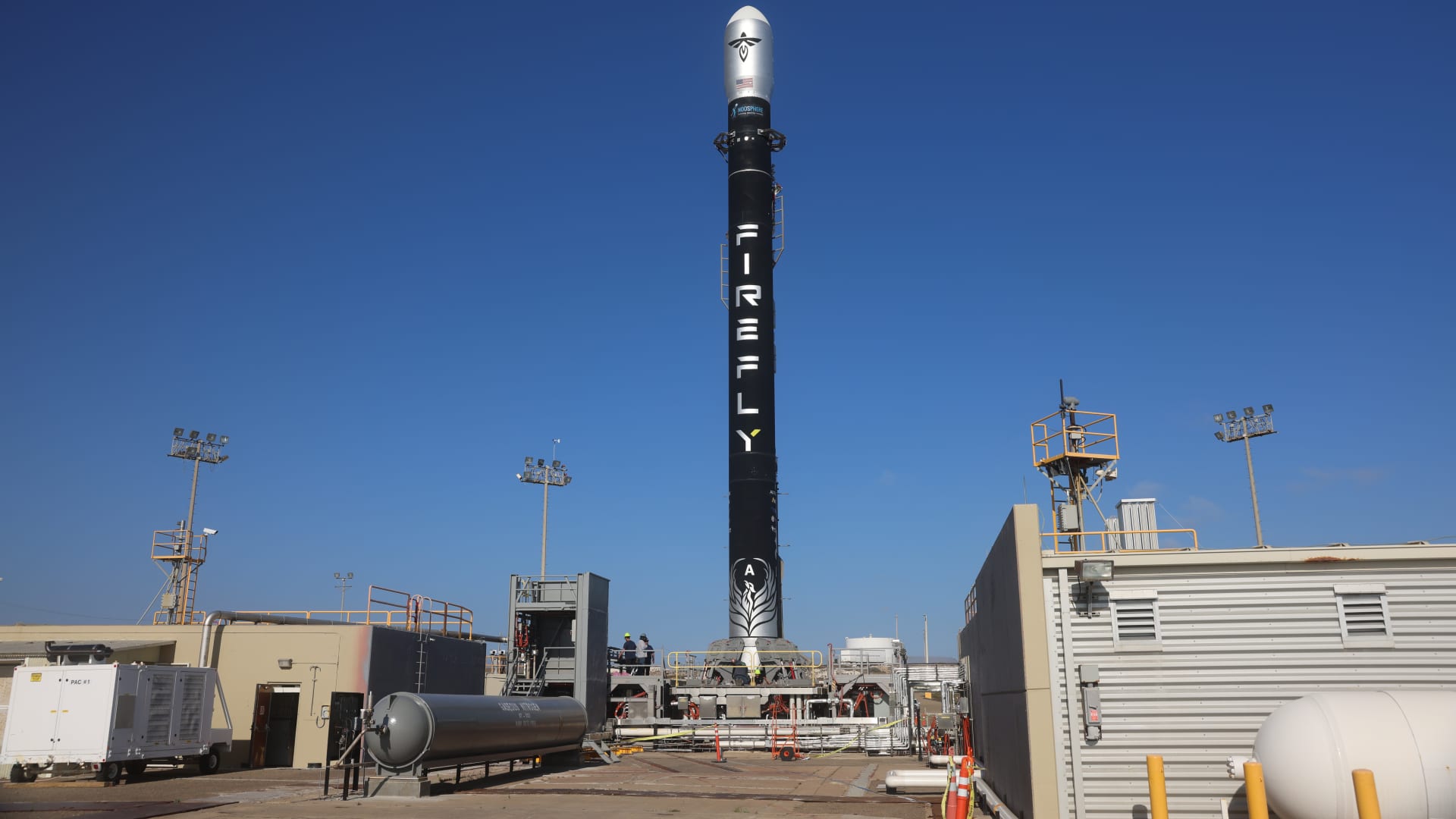 Firefly Aerospace's Alpha rocket on the launch pad at Vandenberg Space Force Base.