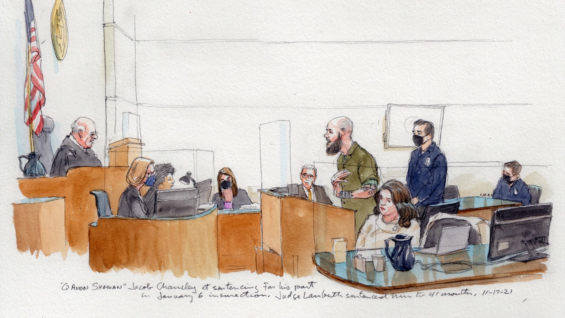 A courtroom sketch of Jacob Chansley