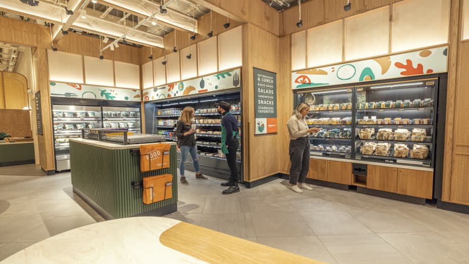 Customers can shop for food inside the Amazon Go market inside the Starbucks cafe