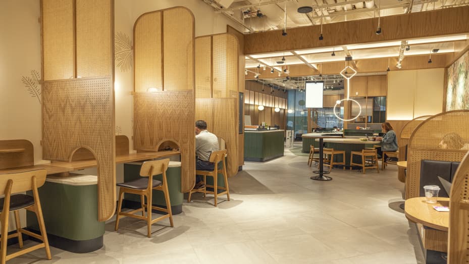 The seating area in the Starbucks Pickup with Amazon Go store