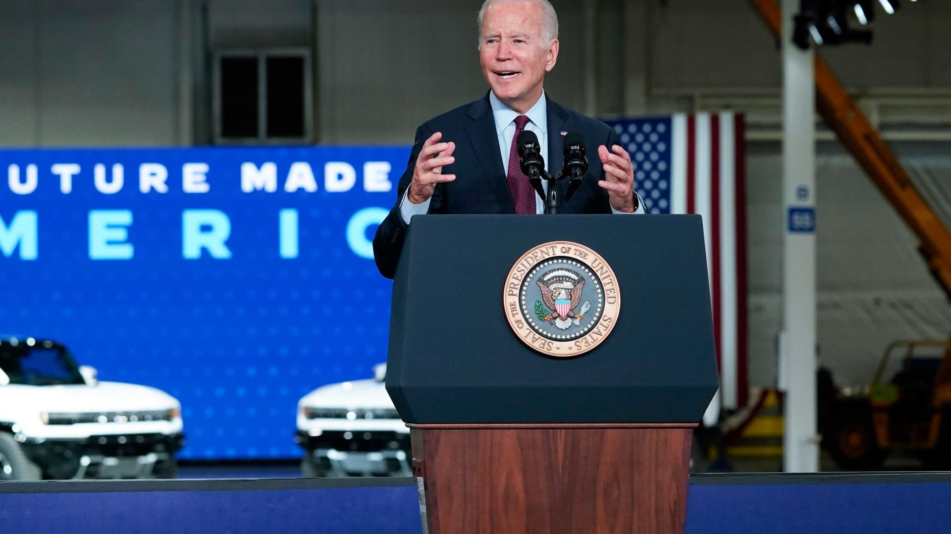 President Joe Biden speaks during a visit to the General Motors Factory ZERO electric vehicle assembly plant, Wednesday, Nov. 17, 2021, in Detroit.
