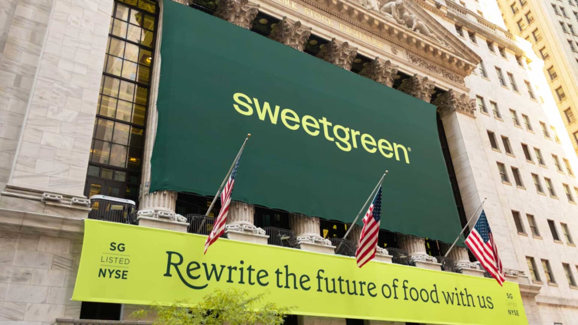 A Sweetgreen banner on the NYSE, November 18, 2021.