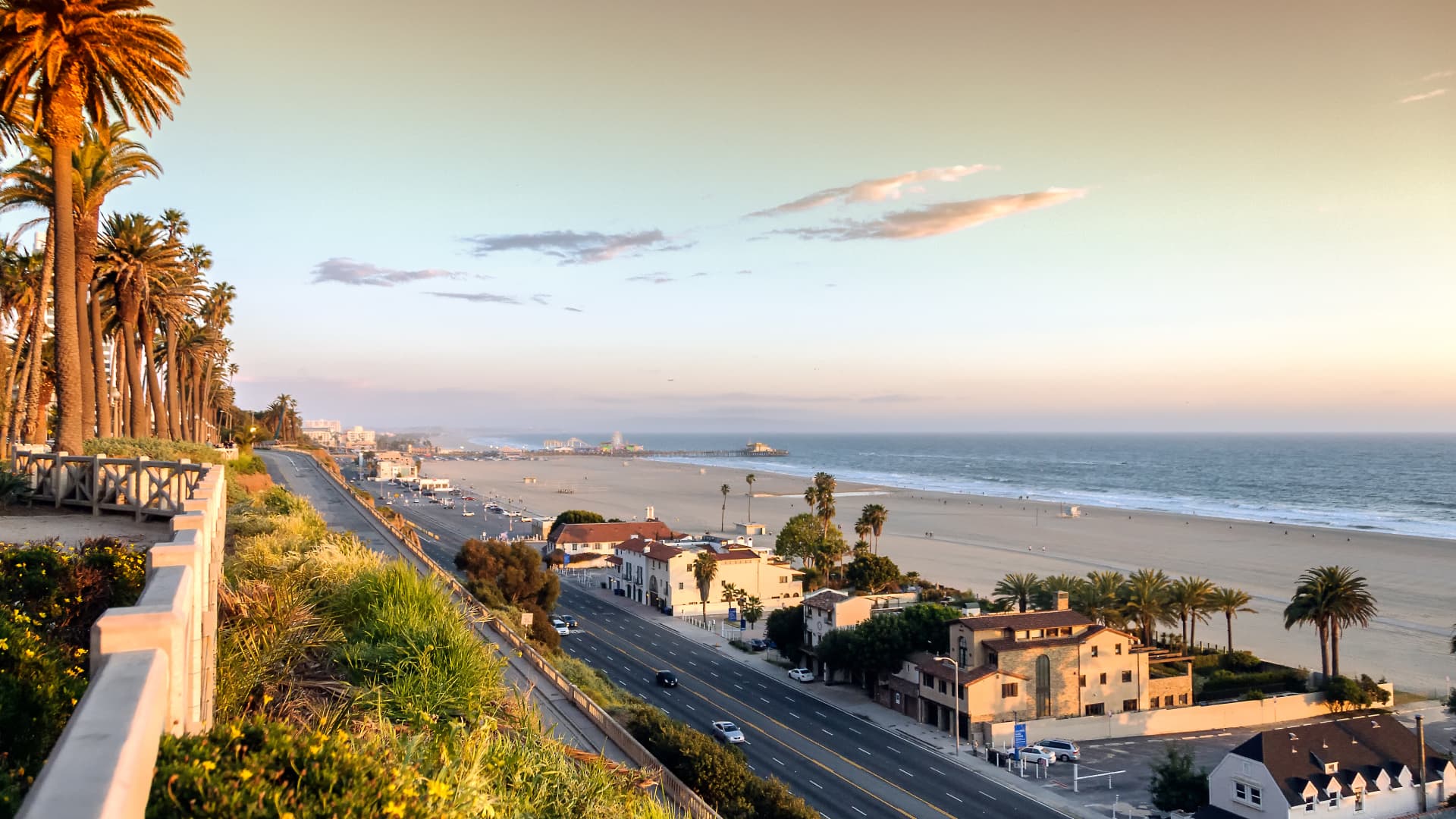 View of Pacific Coast highway and Santa Monica beach.