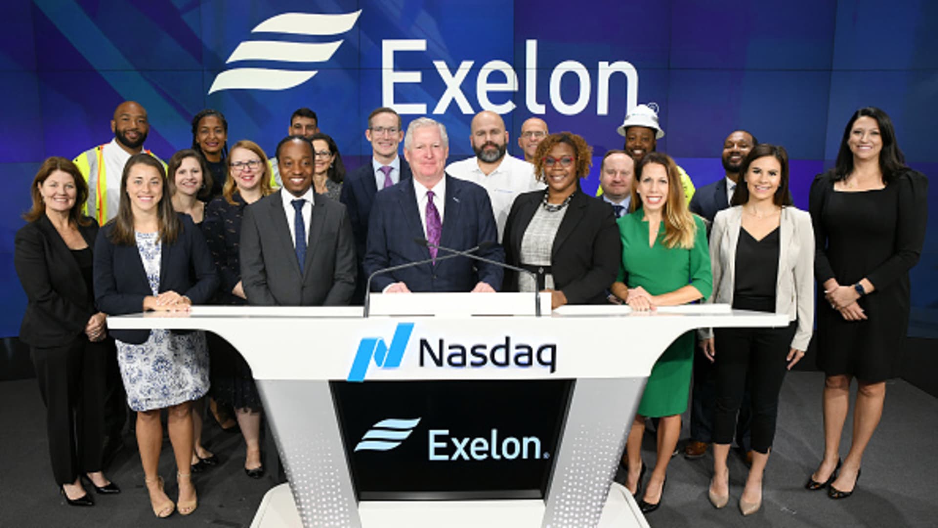 NEW YORK, NEW YORK - SEPTEMBER 25: Chris Crane (C) and the Exelon Corp. team attend as Exelon Corp. Rings Nasdaq Opening Bell at NASDAQ MarketSite on September 25, 2019 in New York City. (Photo by Jared Siskin/Patrick McMullan via Getty Images)