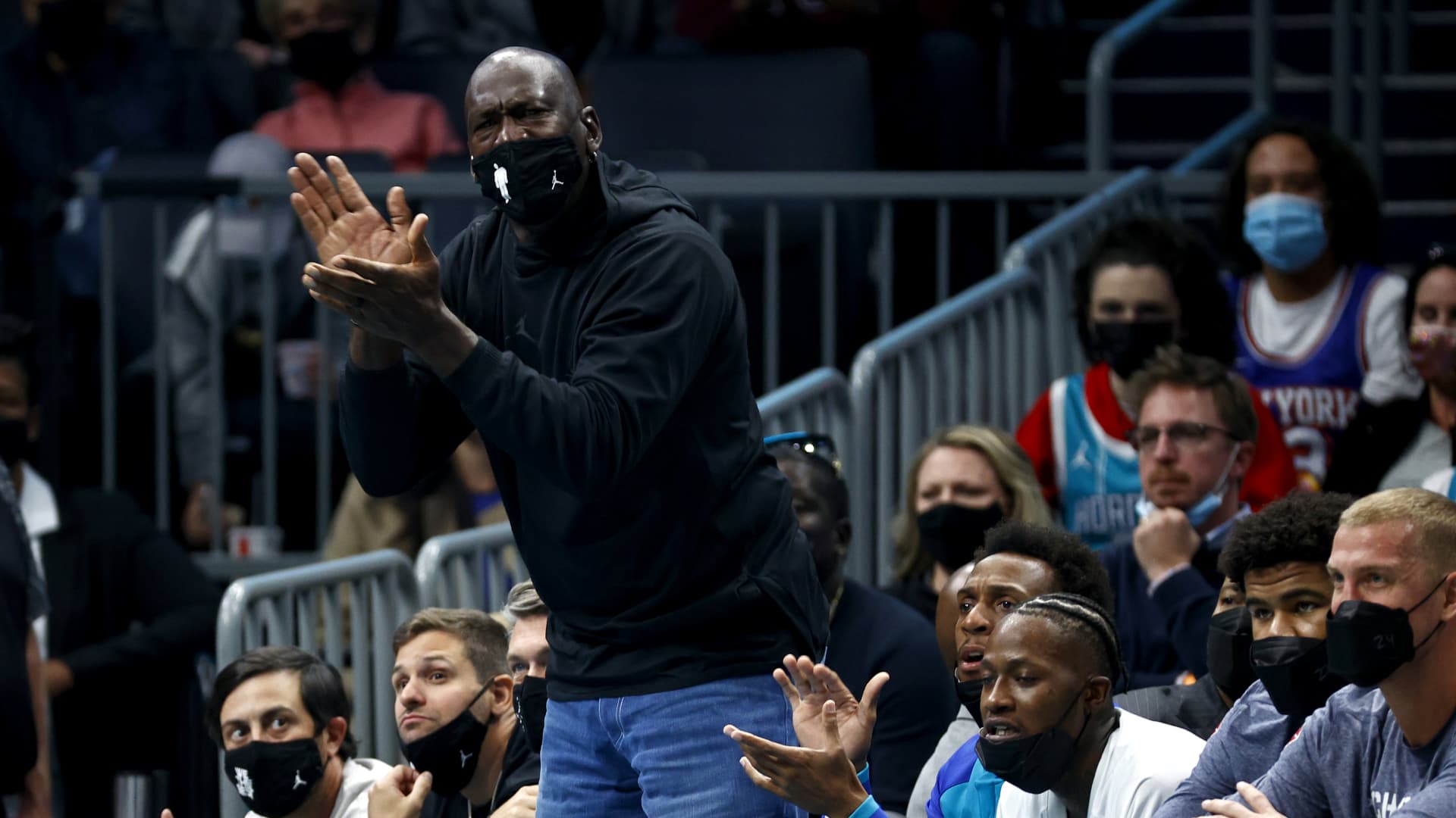 Charlotte Hornets owner and Hall of Famer Michael Jordan reacts during the first half of their game against the New York Knicks at Spectrum Center on November 12, 2021 in Charlotte, North Carolina.