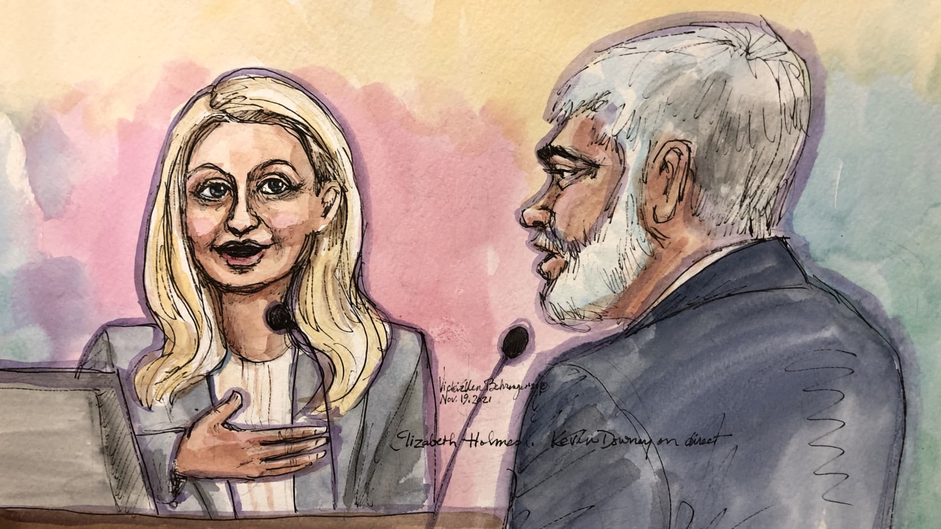 A courtroom sketch showing Elizabeth Holmes testifying on Nov. 22nd, 2021.