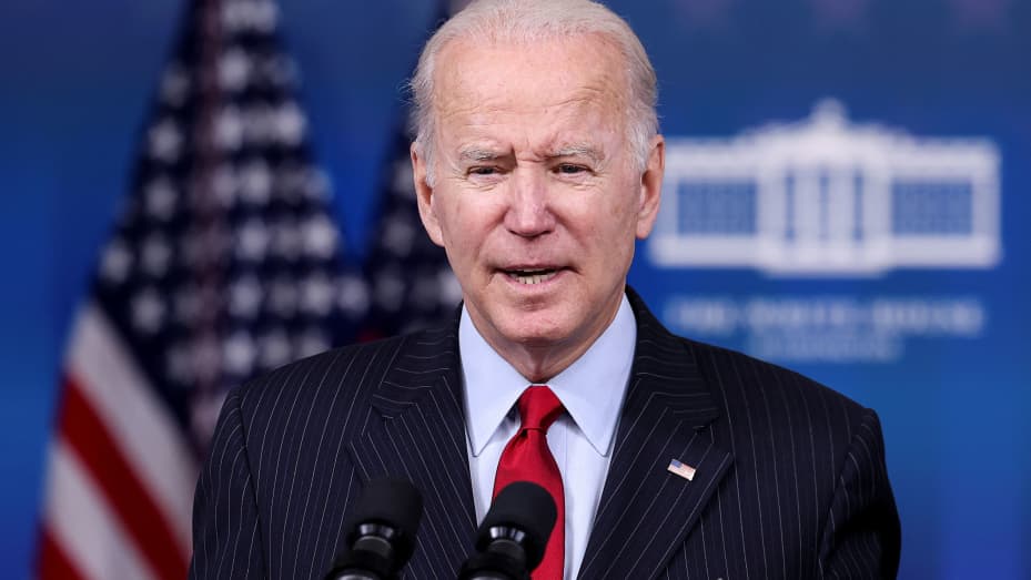 U.S. President Joe Biden announces the release of 50 million barrels of oil from the U.S. Strategic Petroleum Reserve as part of a coordinated effort with other major economies to help ease rising gas prices as he delivers remarks on the economy and "lowe