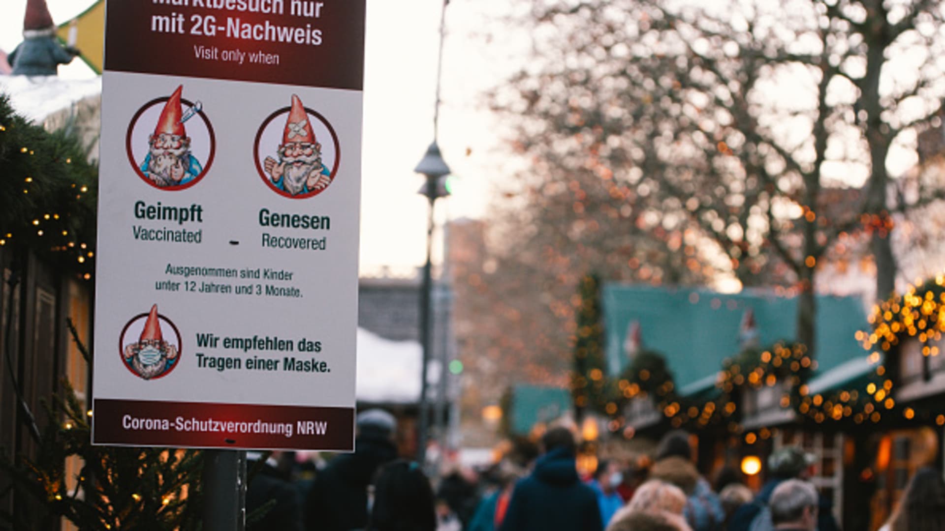 2G sign is seen during the opening of Christmas market in Cologne, Germany on Nov 22, 2021 as Coronavirus cases are at a high peak in Germany.
