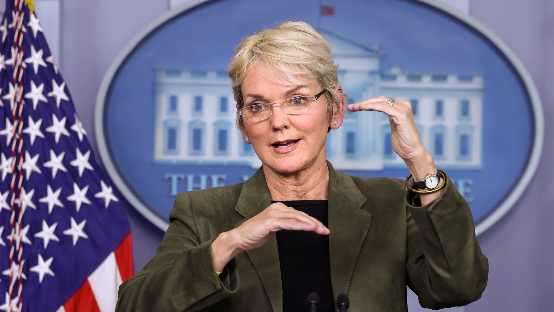 Secretary of Energy Jennifer Granholm takes questions during a media briefing at the White House in Washington, U.S., November 23, 2021.