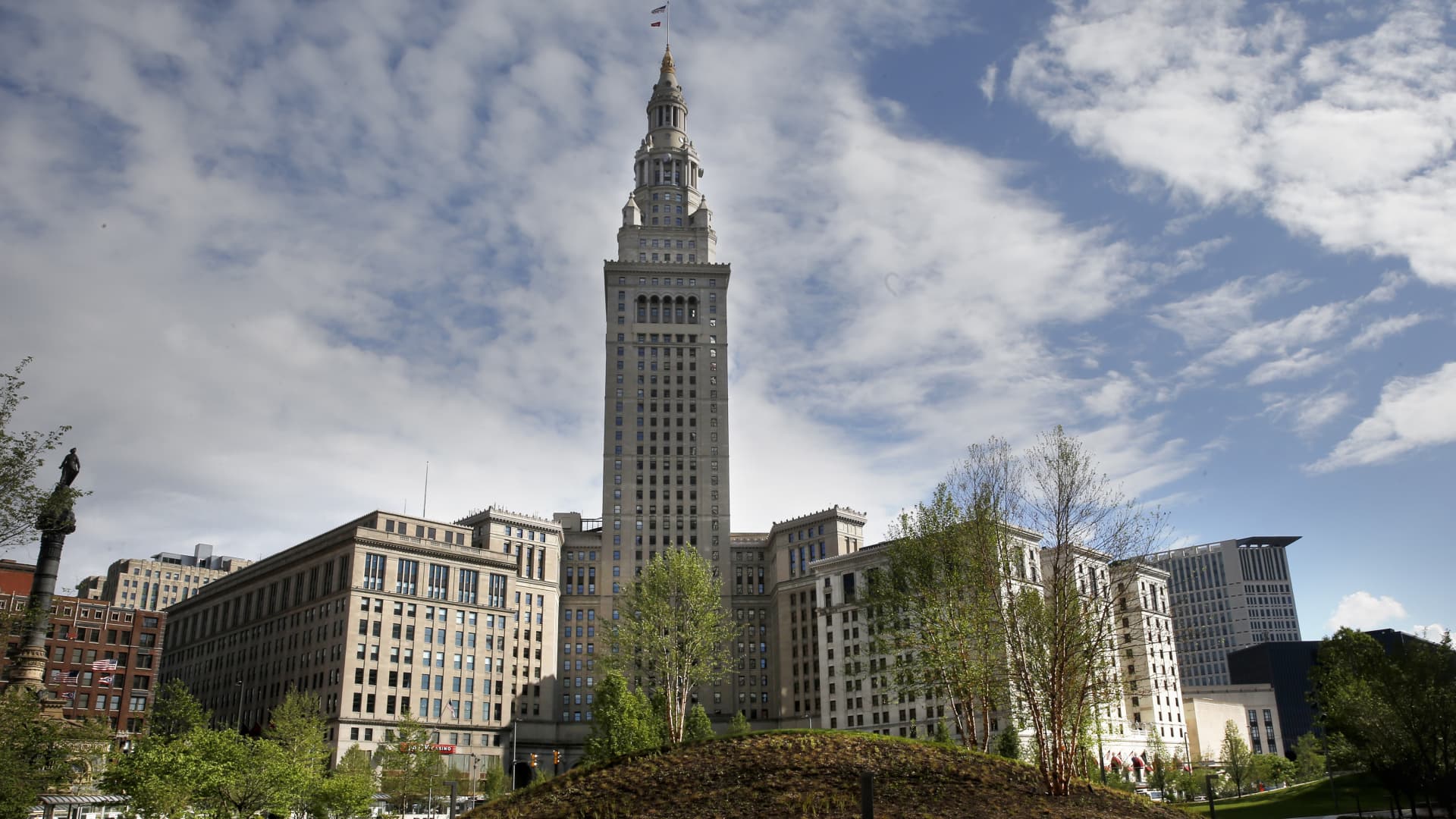 Terminal Tower rises behind Public Park in downtown in Cleveland, Ohio on Tues. June 7, 2016.