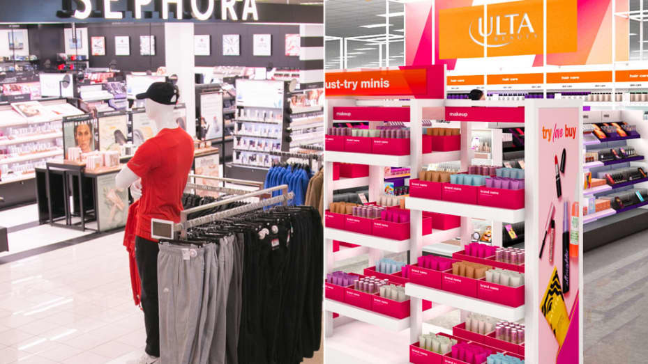 A Sephora shop inside a Kohl's store, and an Ulta Beauty shop inside a Target store.