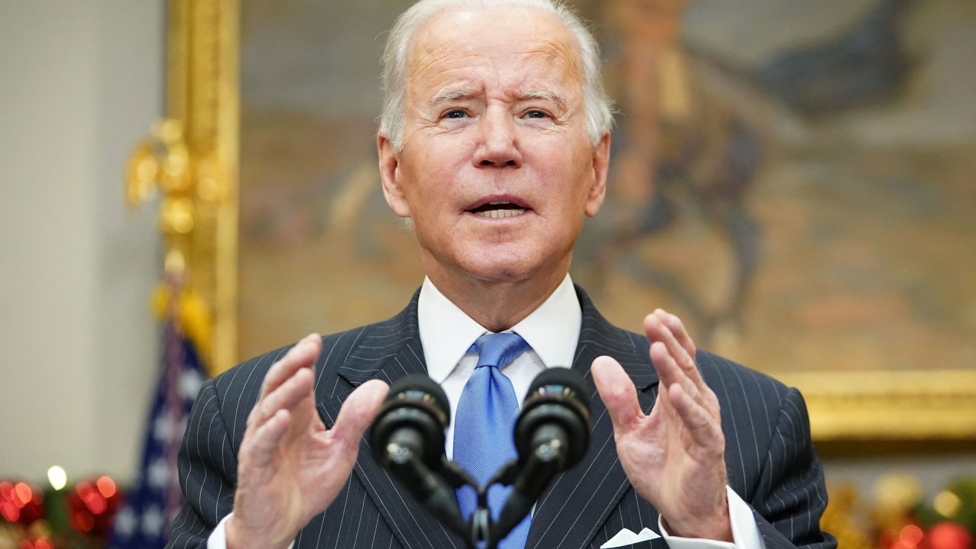 US President Joe Biden delivers remarks to provide an update on the Omicron variant in the Roosevelt Room of the White House in Washington, DC on November 29, 2021.