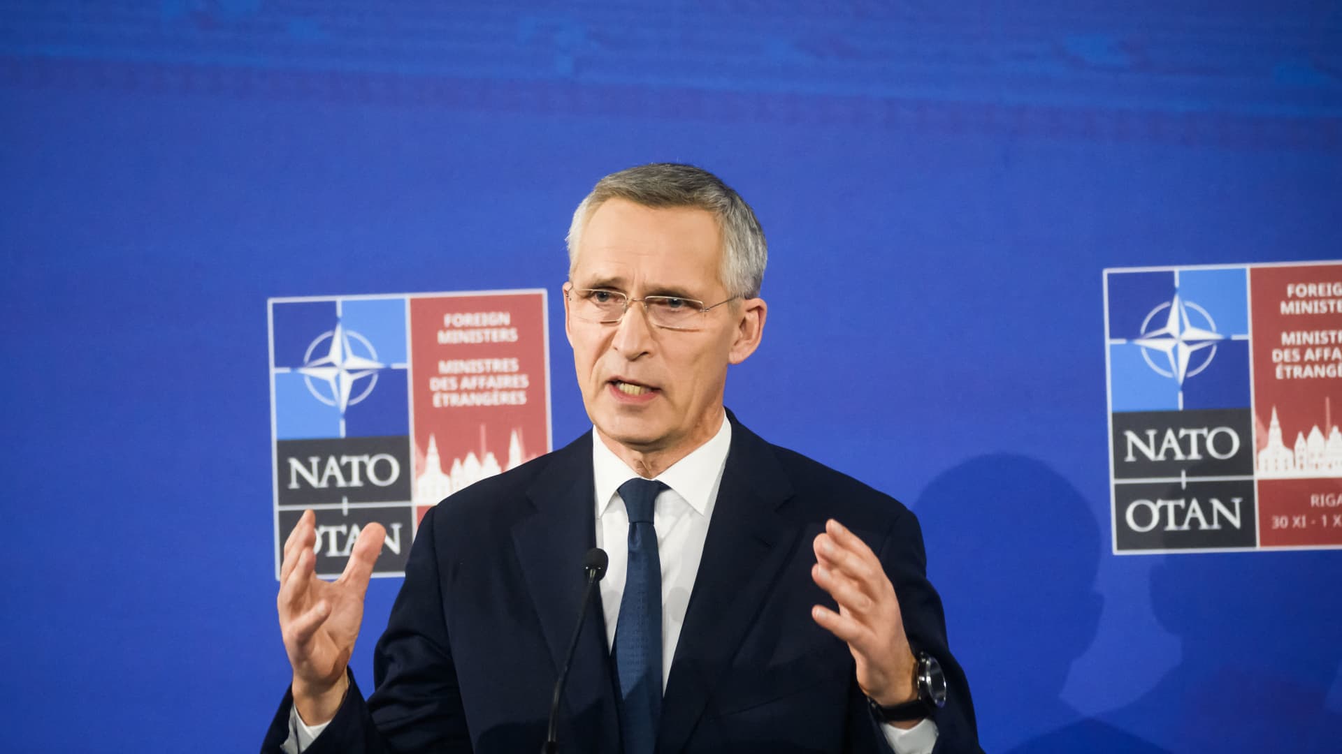 NATO Secretary General Jens Stoltenberg during a meeting of NATO foreign ministers to discuss how to counter a Russian military build-up on Ukraine's border amid fears the Kremlin could be preparing to invade, taken in Riga, Latvia on November 30, 2021.