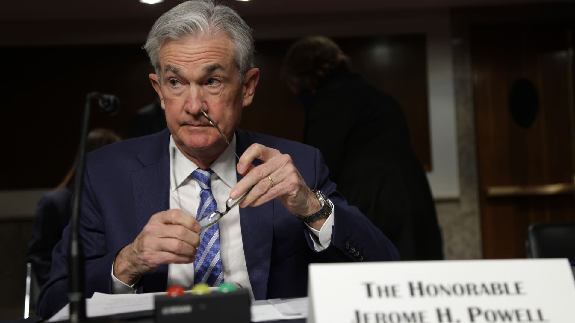 Federal Reserve Board Chairman Jerome Powell waits for the beginning of a hearing before Senate Banking, Housing and Urban Affairs Committee on Capitol Hill November 30, 2021 in Washington, DC.