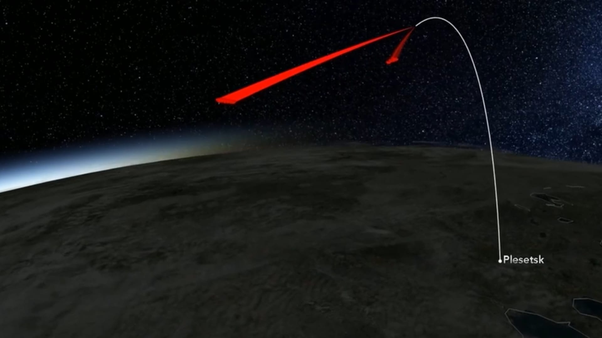 A software rendering shows a recreation of Russia's anti-satellite weapons test and the destruction of satellite Kosmos 1408, with the debris field in red.