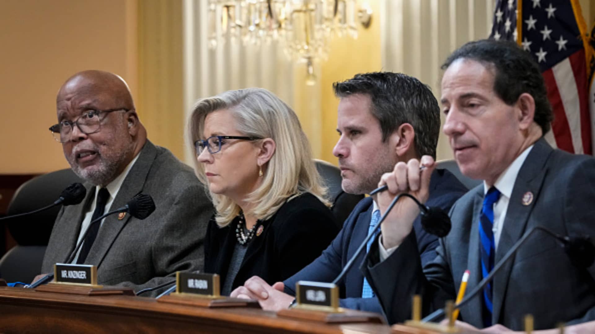 (L-R) Rep. Bennie Thompson (D-MS), chair of the select committee investigating the January 6 attack on the Capitol, speaks as Rep. Liz Cheney (R-WY), vice-chair of the select committee investigating the January 6 attack on the Capitol, Rep. Adam Kinzinger (R-IL) and Rep. Jamie Raskin (D-MD) listen during a committee meeting on Capitol Hill on December 1, 2021 in Washington, DC.